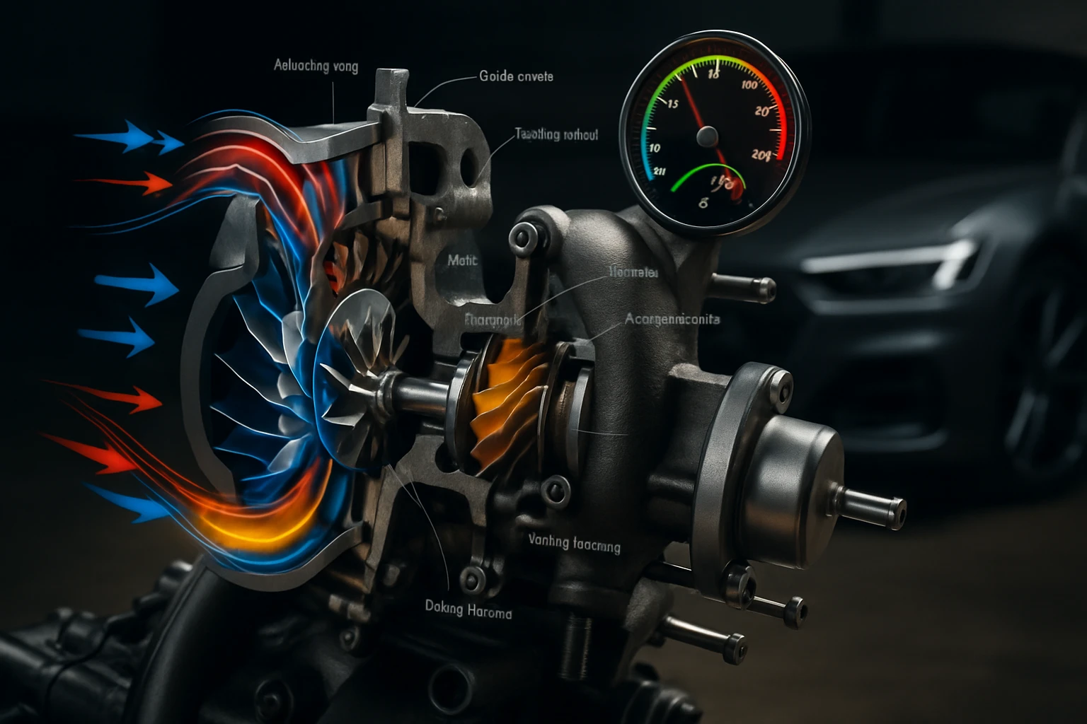 Detailný pohľad na turbodúchadlo s prúdením vzduchu a meracím prístrojom.