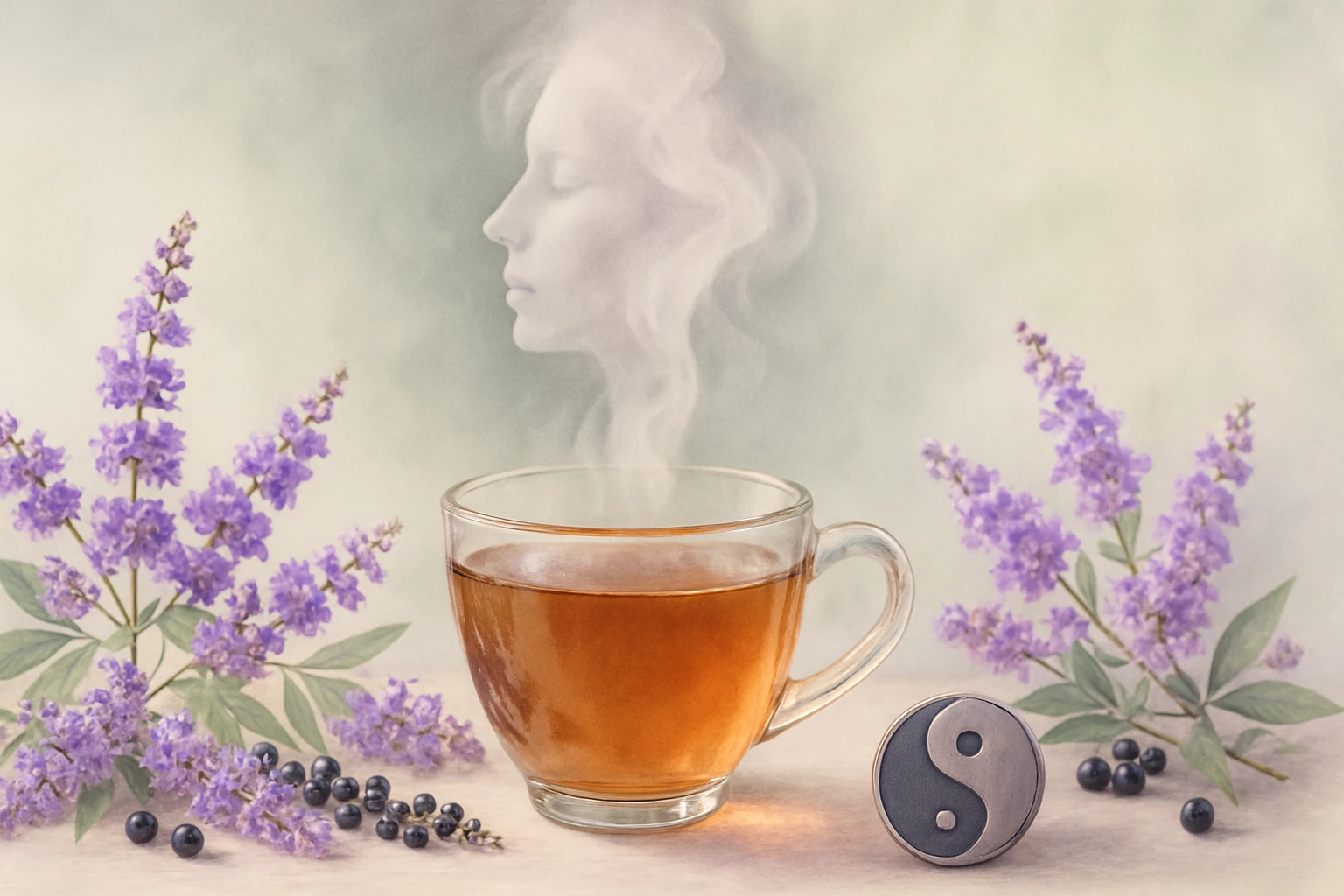 Šálka teplého čaju s dymom v tvare tváre, obklopená fialovými kvetmi.