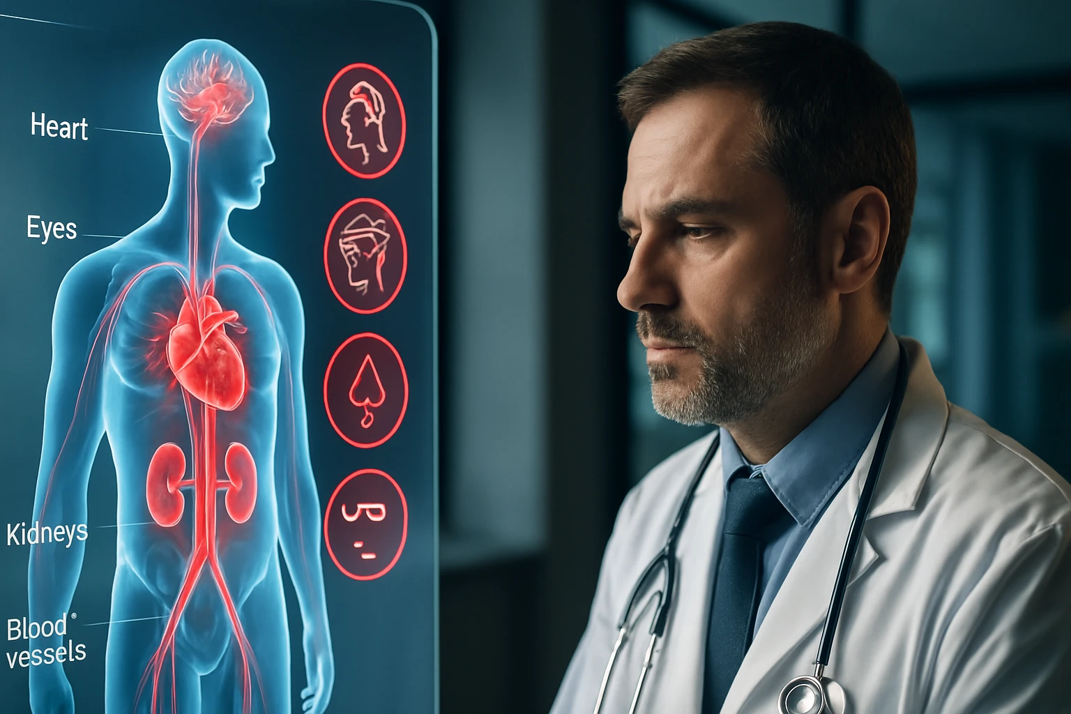 Lekár, ktorý sa pozerá na holografický model ľudského tela a orgánov.