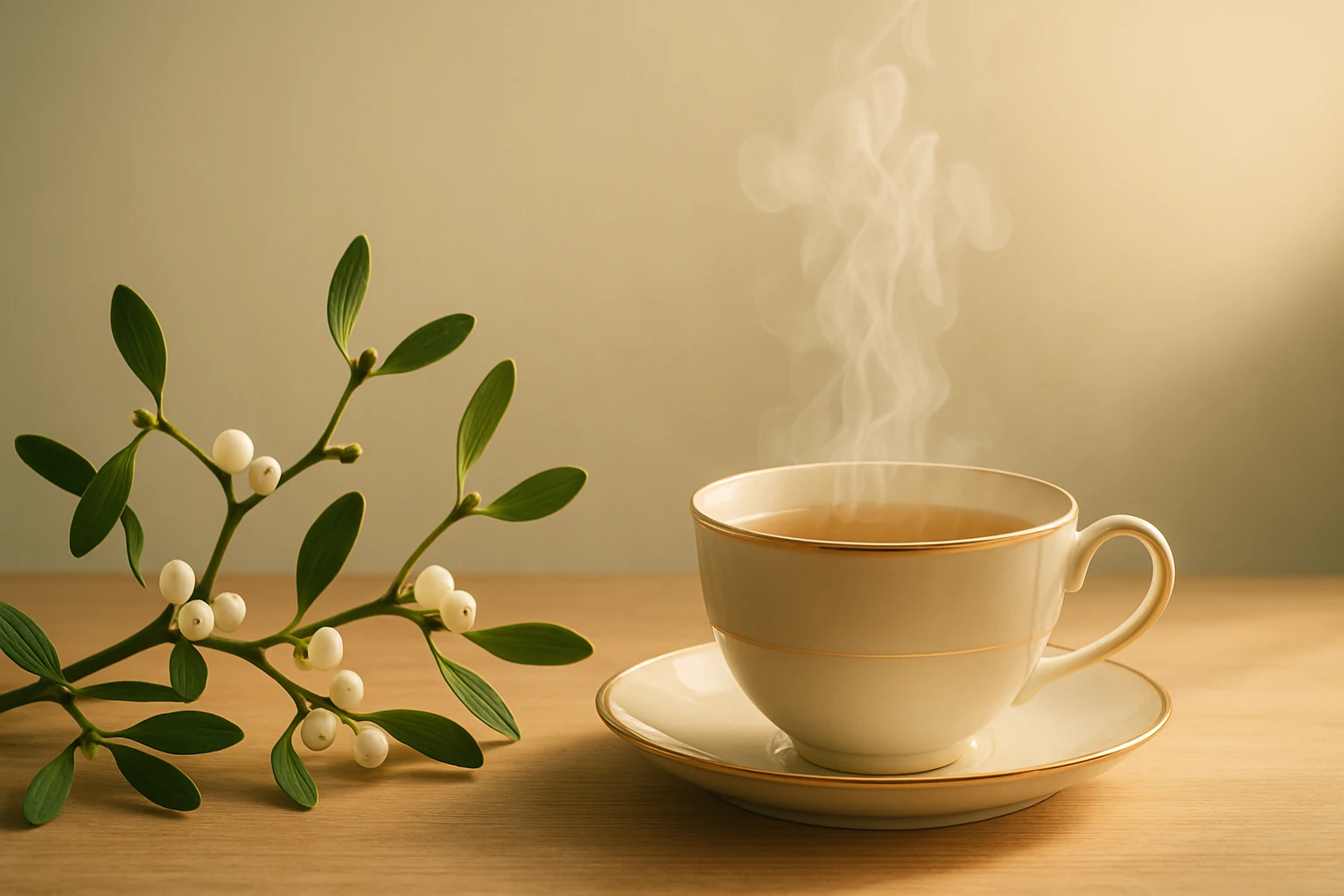 Horký čaj v elegantnej šálke s dymom a vetvičkou imela vedľa.