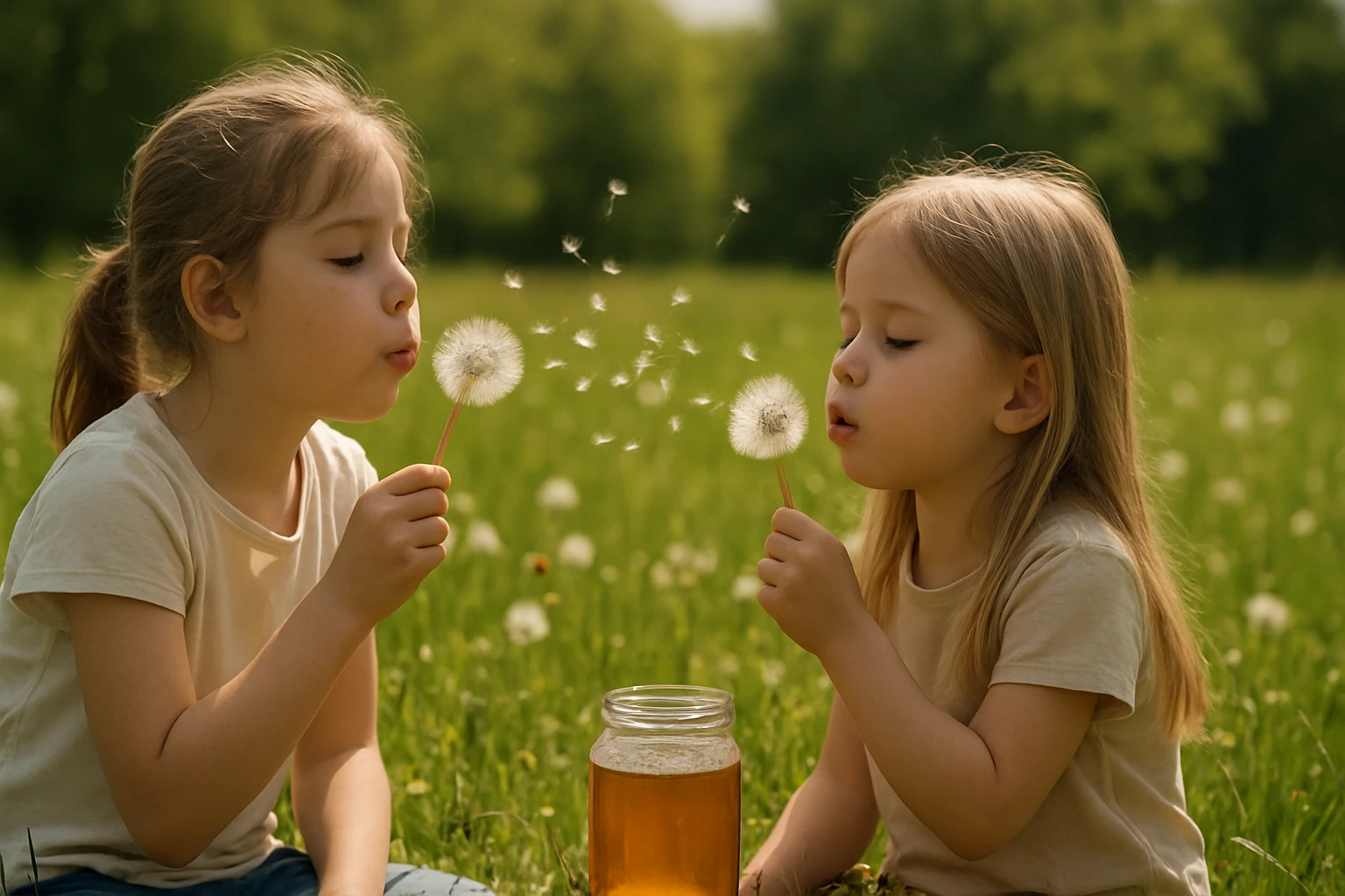 Dve dievčatá fúkajú na púpavy v slnečnej lúke, okolo nich sa vznášajú semienka.