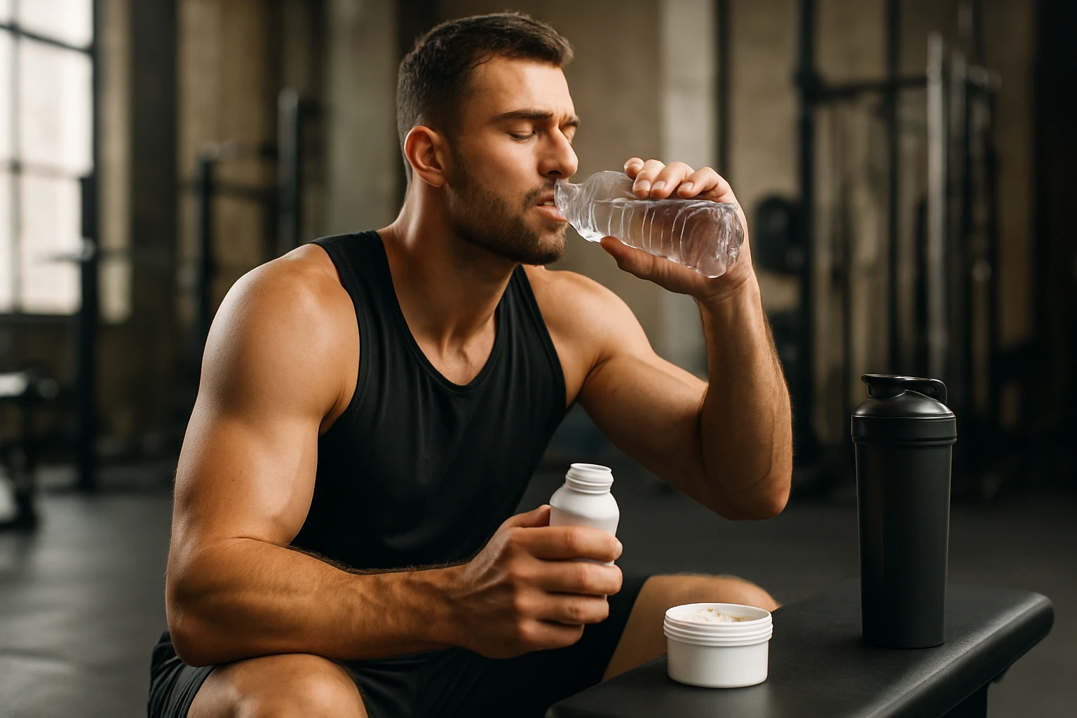 Muž v posilňovni pije vodu a drží doplnky výživy v ruke.