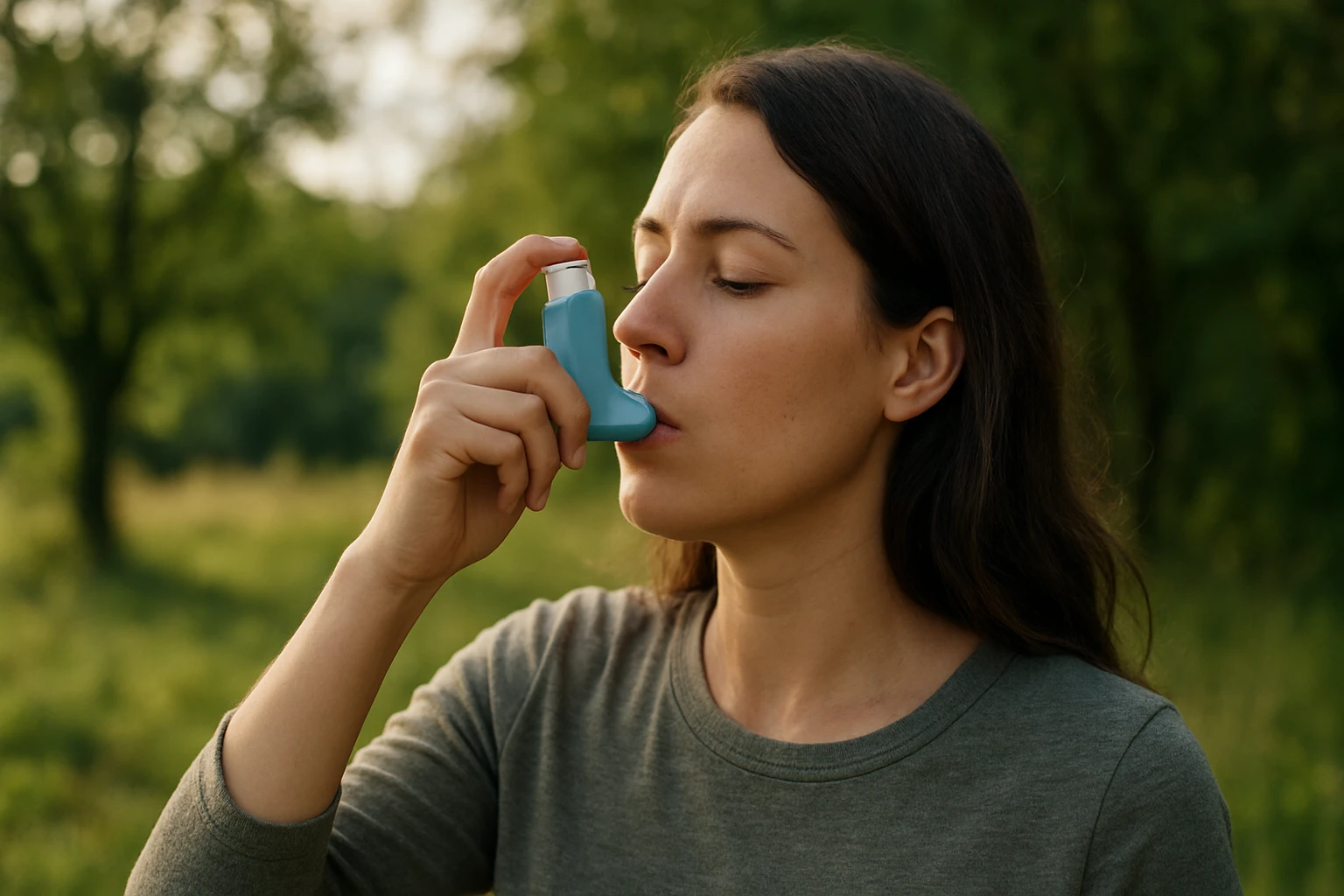 Žena používa inhalátor na astmu v prírodnom prostredí.