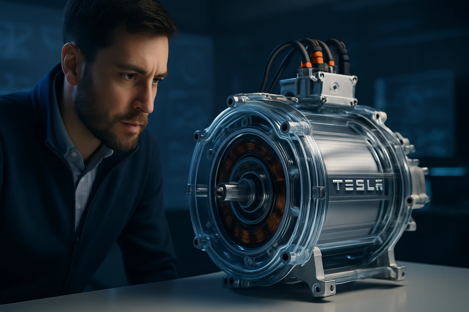 Muž pozoruje elektrický motor značky Tesla na stole v laboratóriu.