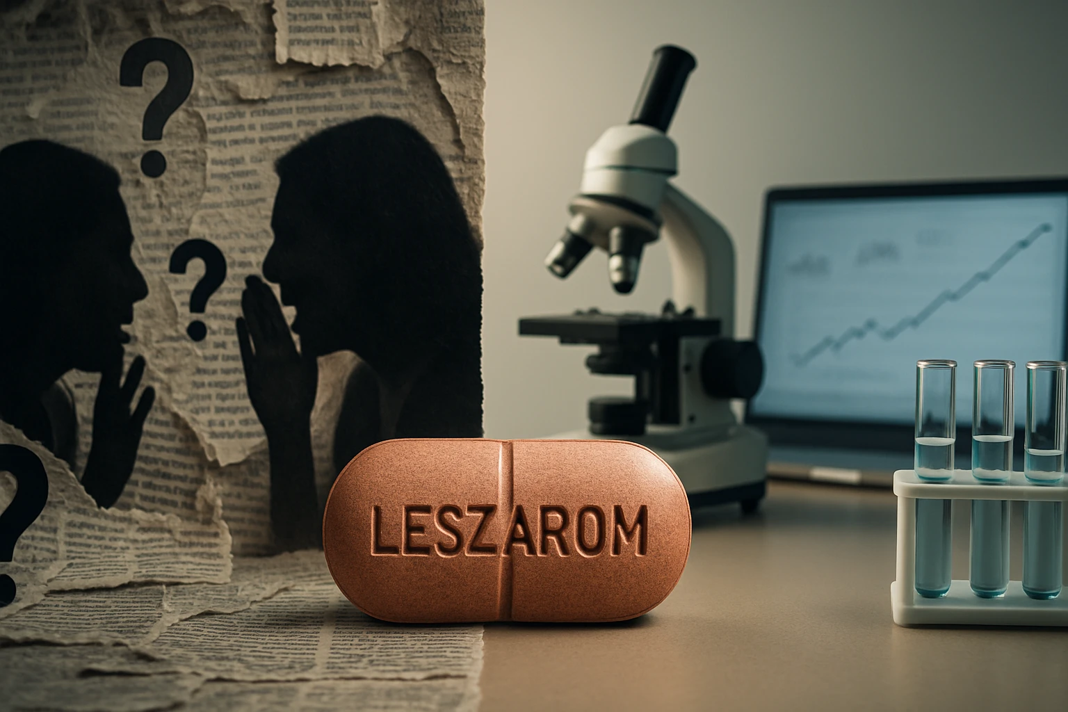 Na stole leží tabletka s nápisom LESZAROM, vedľa sú laboratórne sklo a mikroskop.