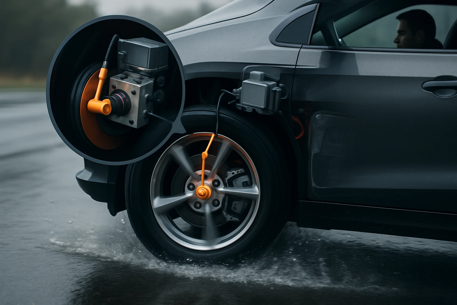 Detail of a car wheel with advanced braking system in wet conditions.