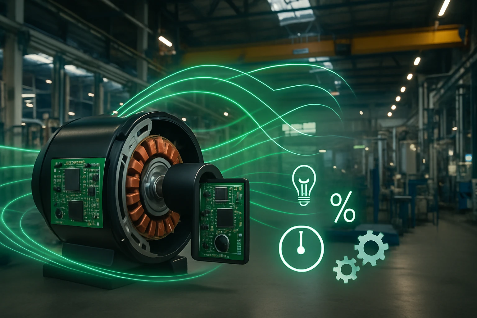 Moderný elektromotor s digitálnym ovládaním a energetickými symbolmi.