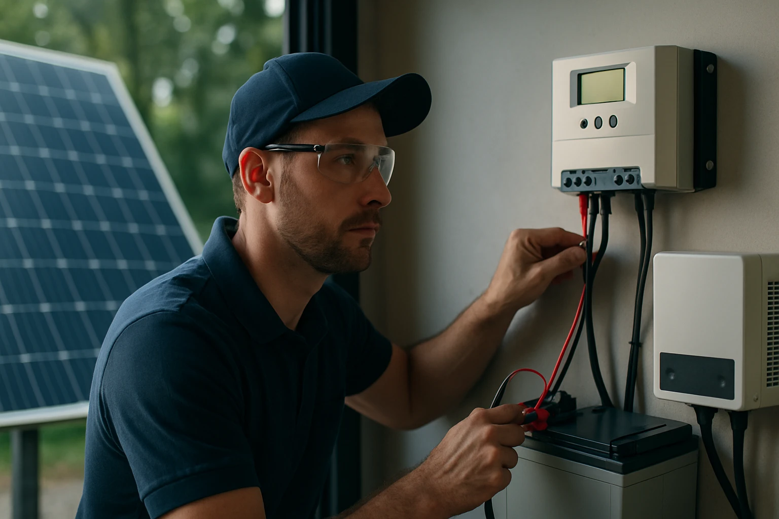 Technik, ktorý inštaluje solárny regulátor na stenu vedľa solárnych panelov.