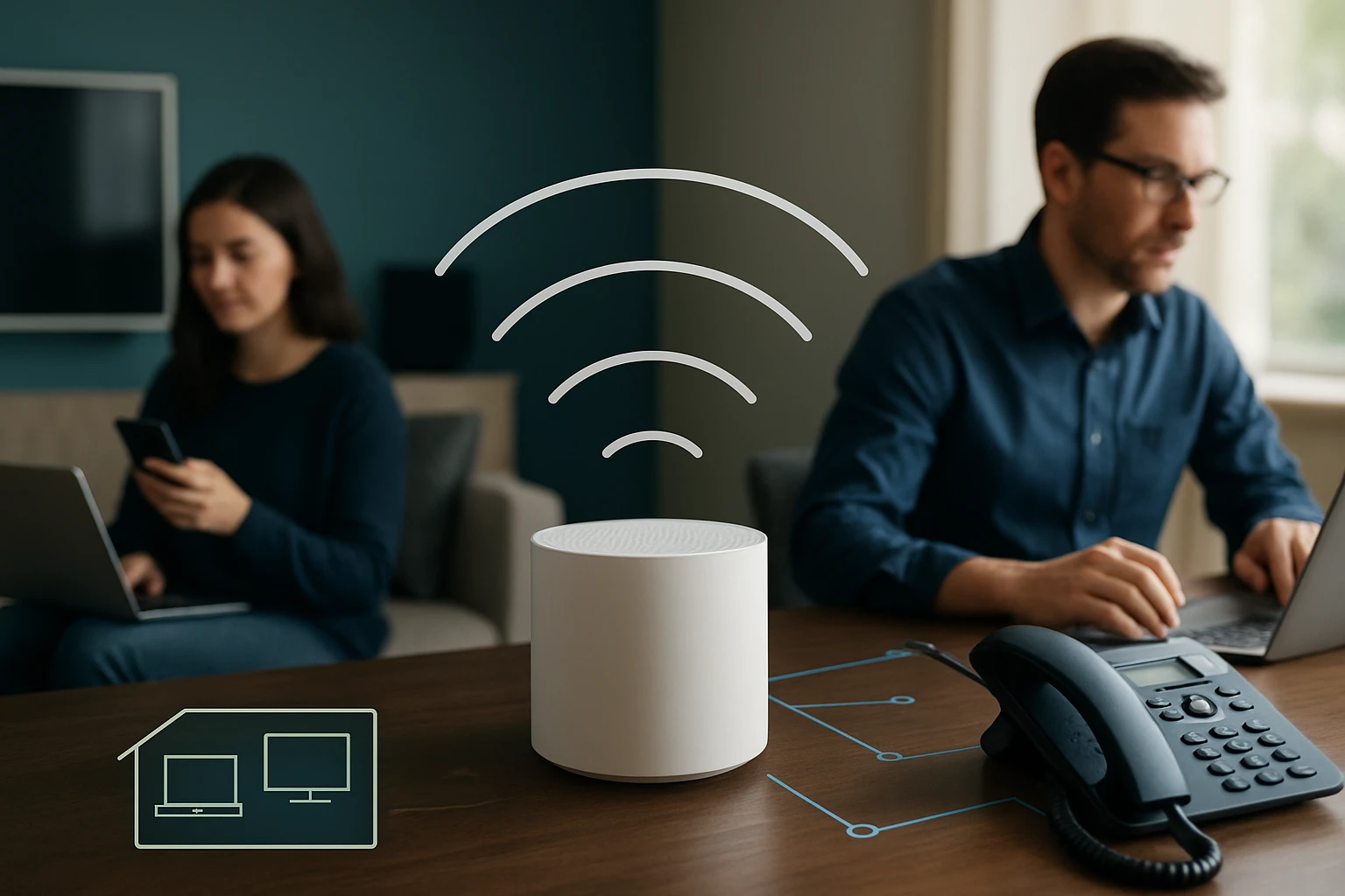 Inteligentný reproduktor s Wi-Fi signálom na stole, v pozadí ľudia pracujúci na laptopoch.