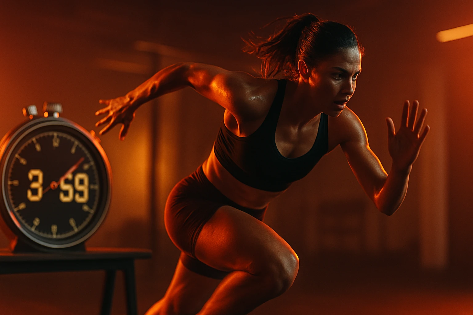 Žena v športovom oblečení beží s intenzívnym výrazom, vedľa nej je časovač.