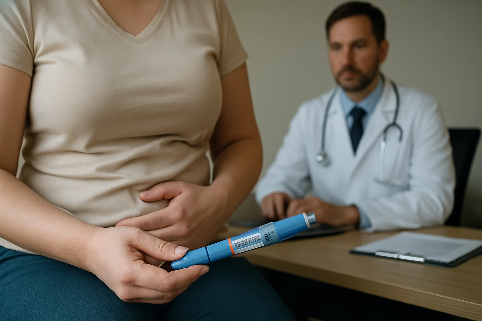 Žena sedí v ordinácii a drží inzulínovú pero, zatiaľ čo lekár pracuje na počítači.