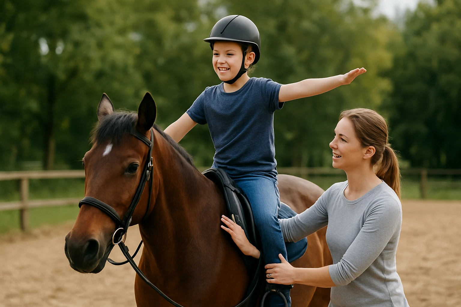 Chlapec jazdí na koni s úsmevom, zatiaľ čo mu žena pomáha.