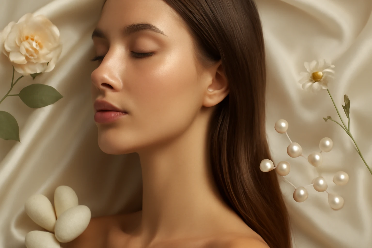 Mladá žena, ktorá leží, s jemným make-upom és kvetmi körülötte.