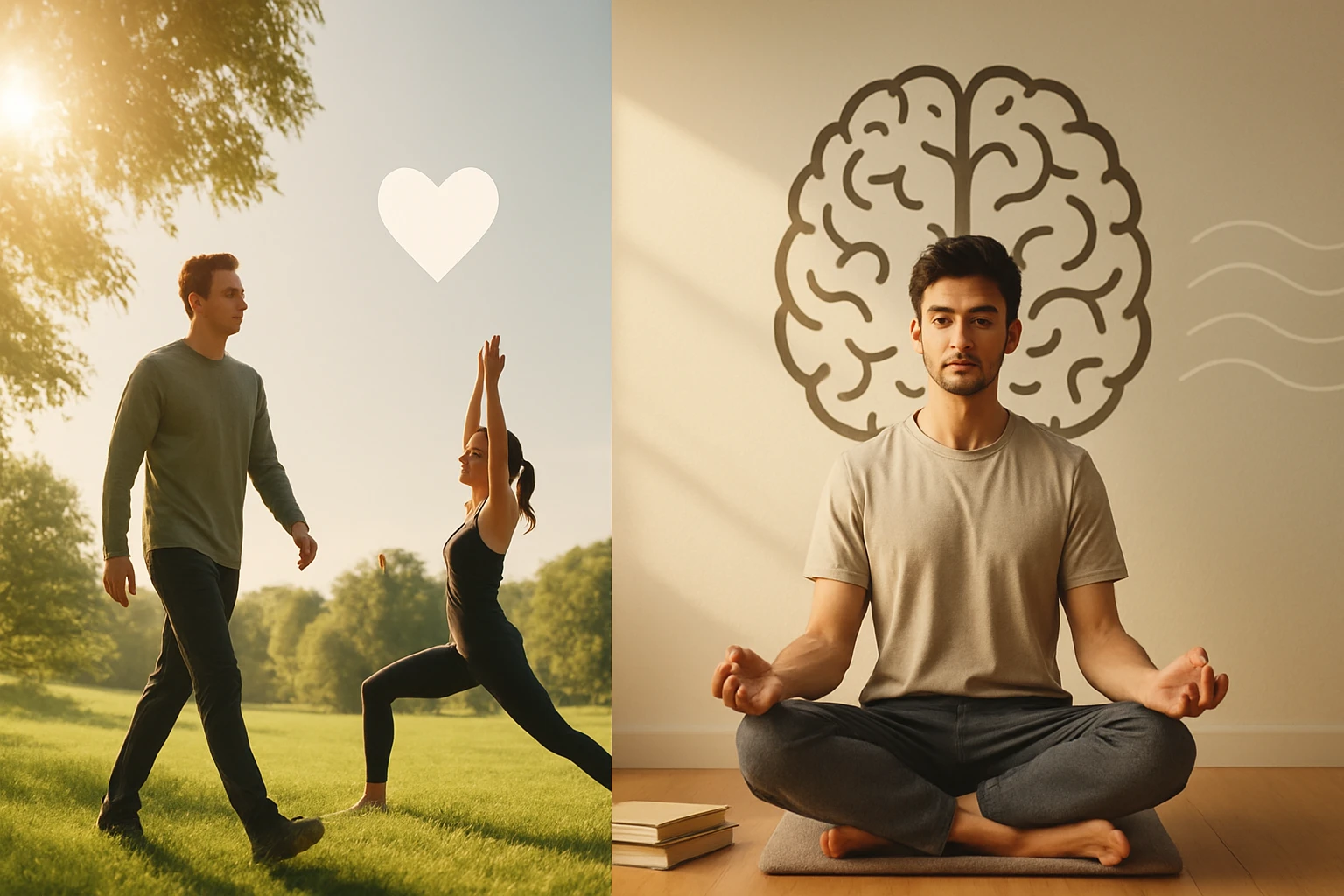 Mladý pár cvičí jogu v prírode, zatiaľ čo muž medituje v interiéri.