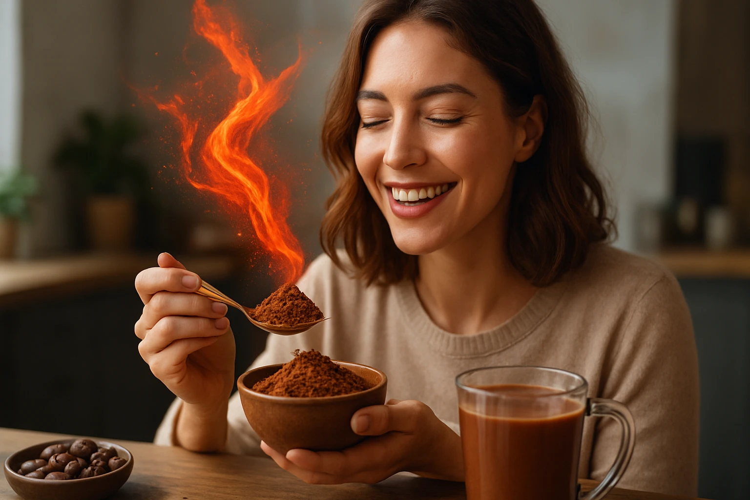 Žena s úsmevom drží lyžicu s kakaom, okolo sa vznáša červený dym.