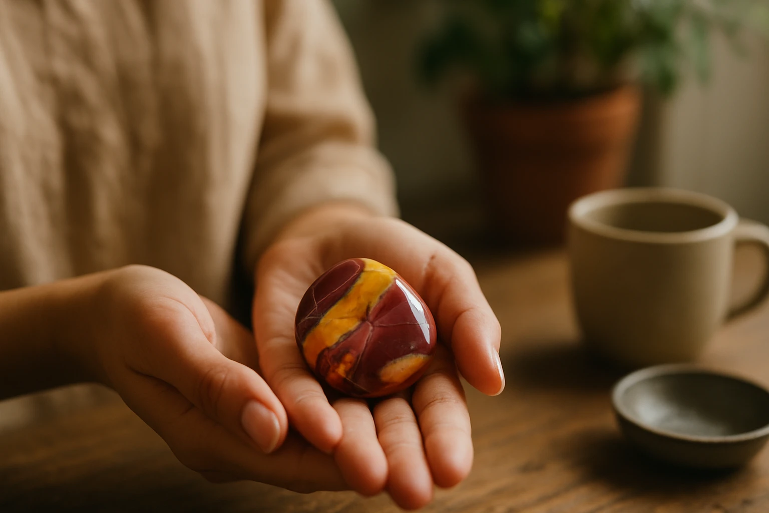 Osoba drži farebný kameň v dlaniach, pozadie s kvetináčom a šálkou.