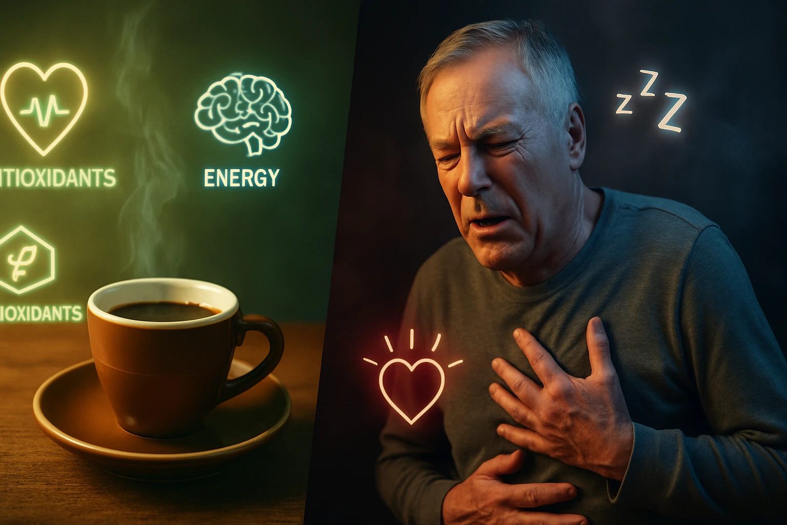 Šálka kávy s dymom a symbolmi antioxidantov a energie, muž so srdcovou bolesťou.