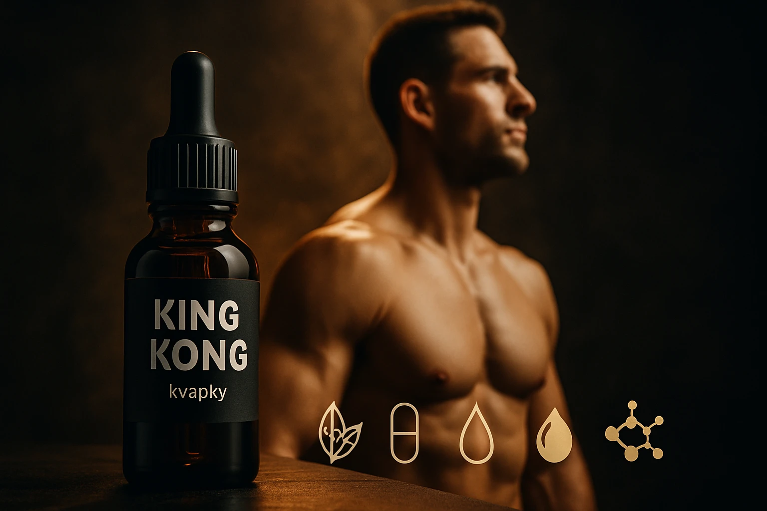 Fľaša s kvapkami KING KONG a muž s vypracovaným telom a svalmi.