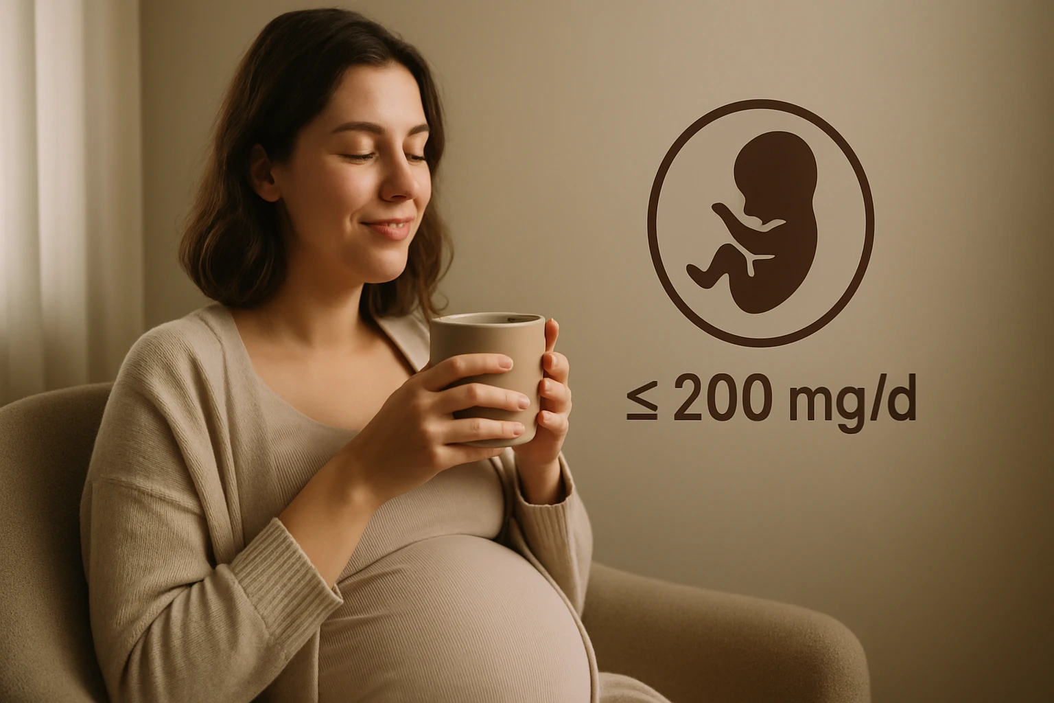 Tehotná žena, ktorá si vychutnáva šálku kávy, s ikonou plodu a odporúčaním o kofeíne.