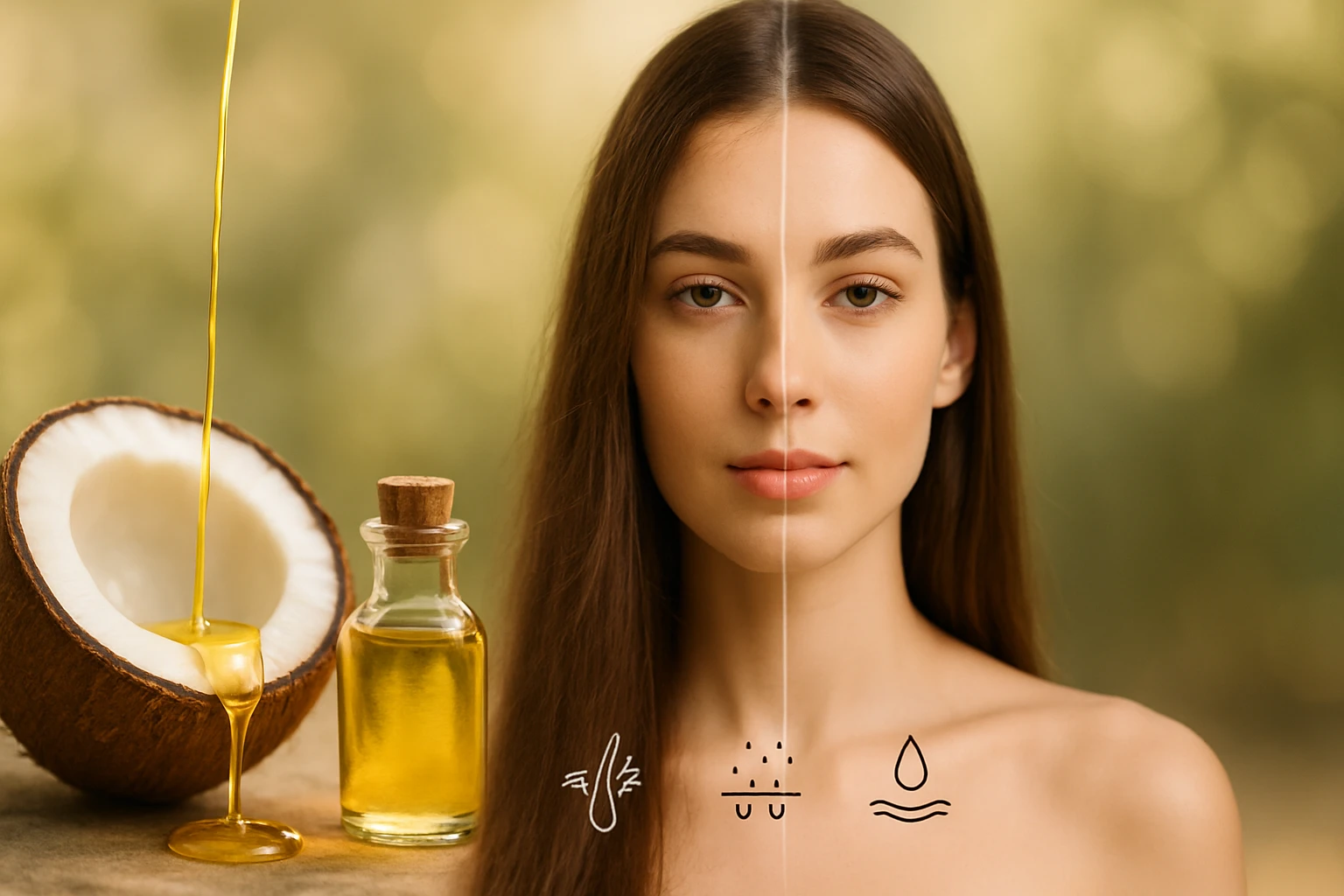 Žena s hladkou pleťou a dlhými vlasmi, vedľa kokosu a oleja.
