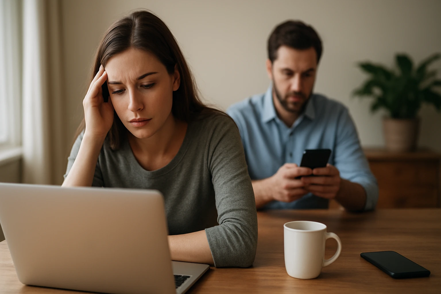 Žena so zamysleným výrazom sedí pri stole s laptopom, muž v pozadí sa pozerá na mobil.