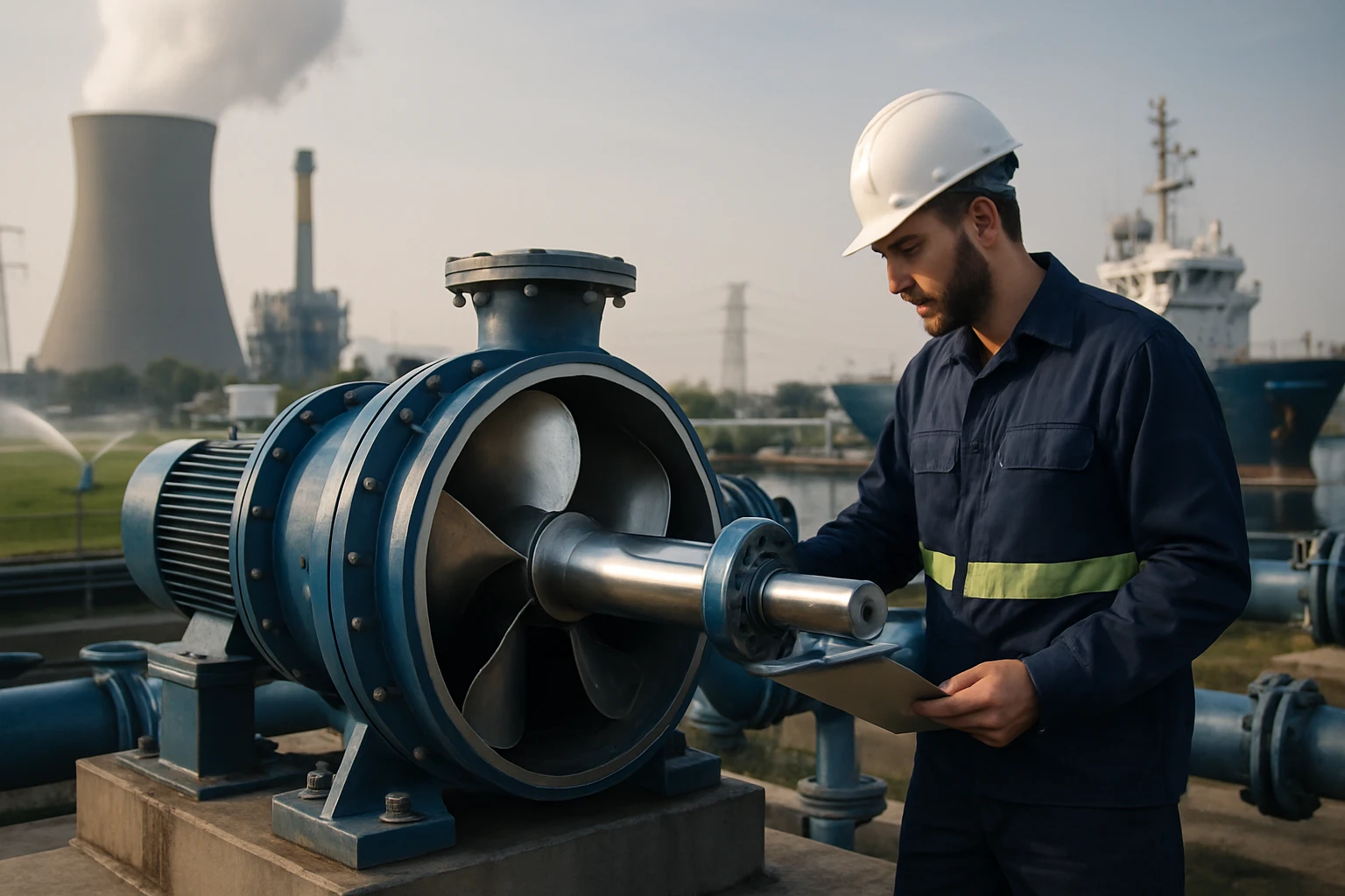 Muž v ochranné helmě kontroluje čerpadlo na průmyslovém zařízení.