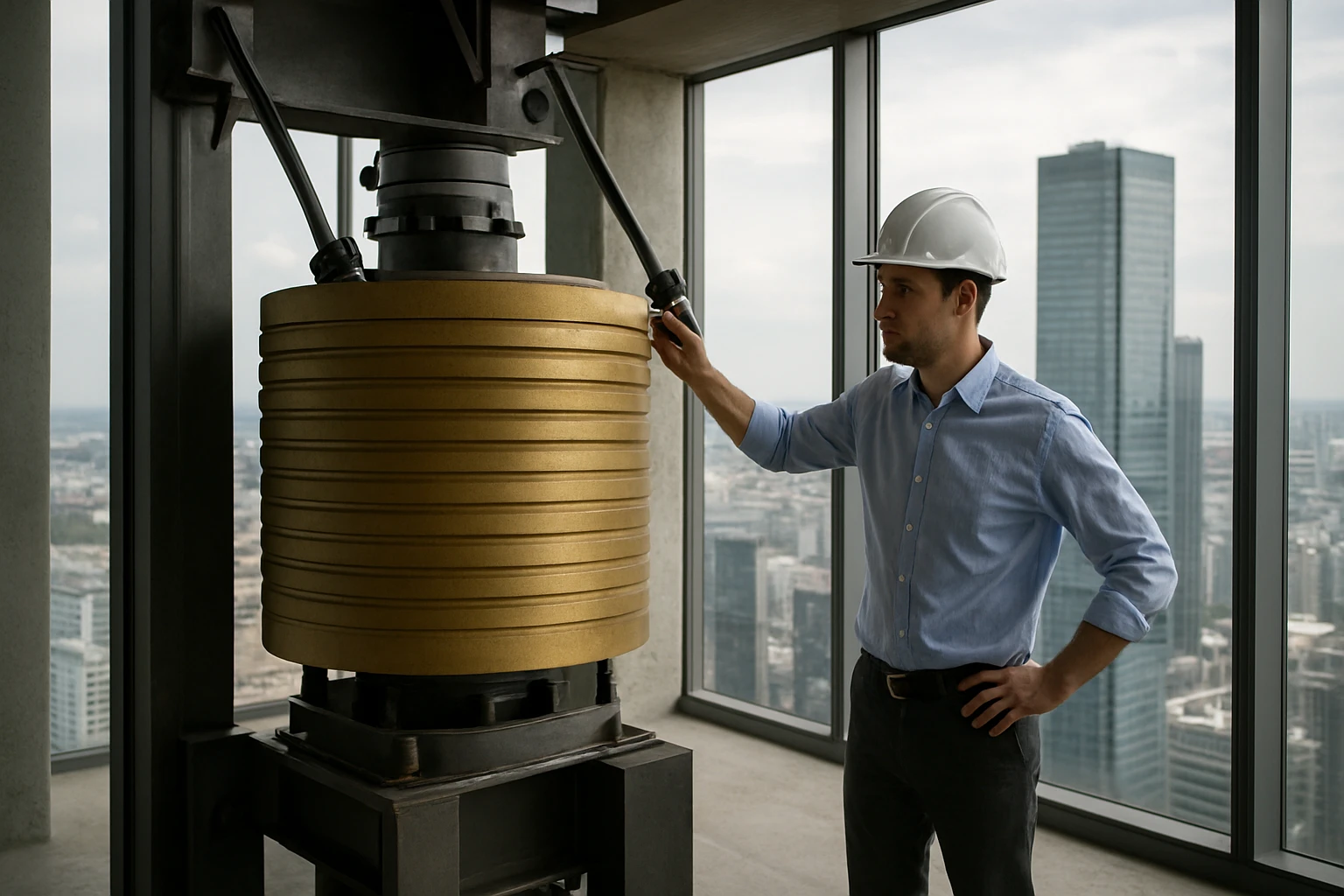 Muž v prilbe kontroluje zlatú hydraulickú lis v modernom prostredí.