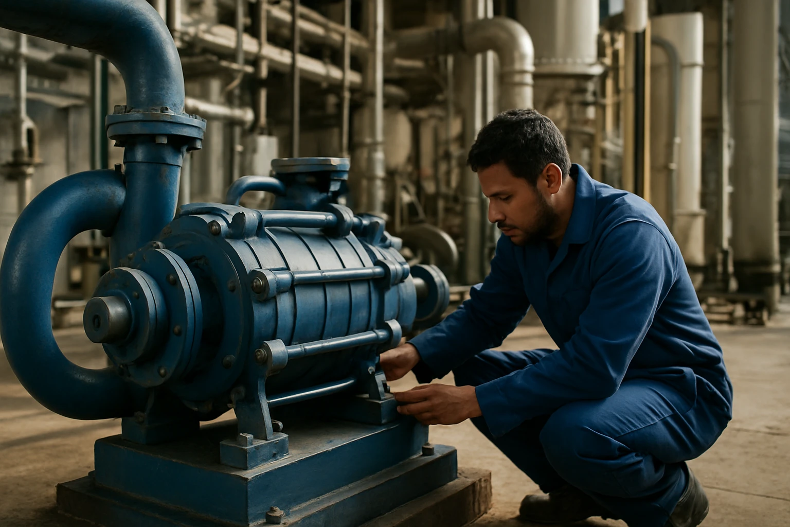 Muž v modrom pracovnom oblečení kontroluje modré čerpadlo v priemyselnom prostredí.