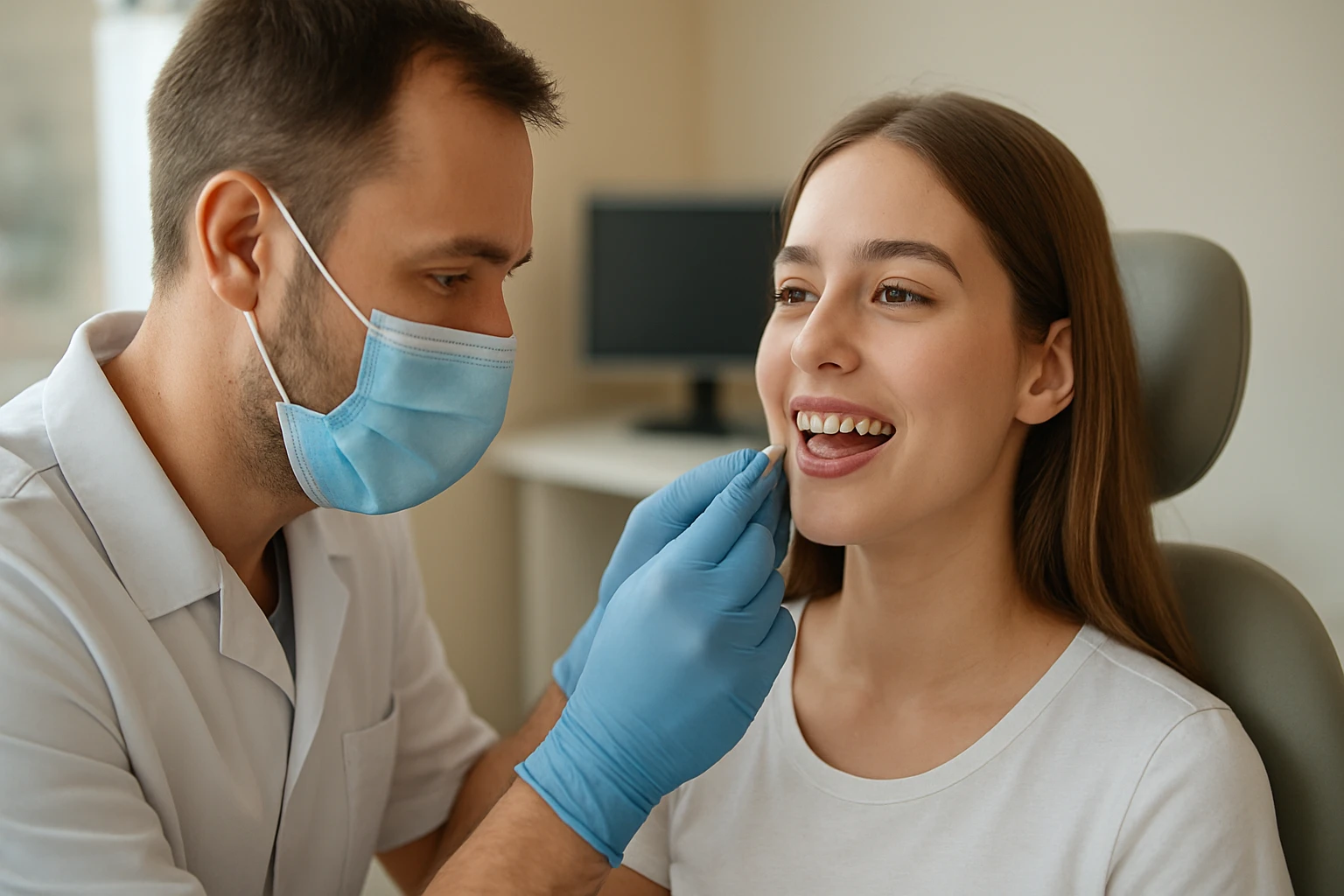 Zubár kontroluje ústa pacientky s úsmevom v ordinácii.