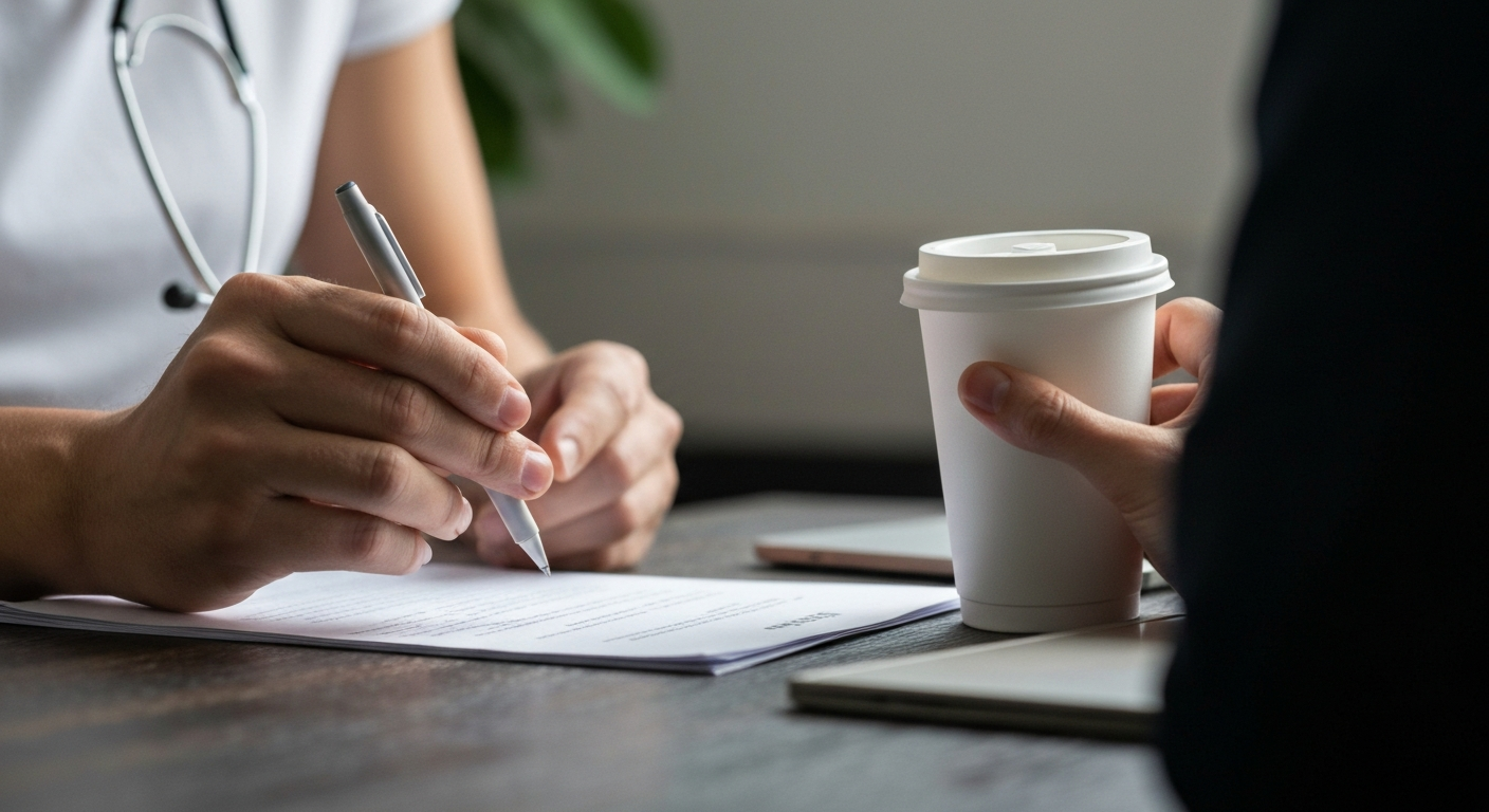 Rukou lékaře, který píše na papír, zatímco pacient drží kávu.