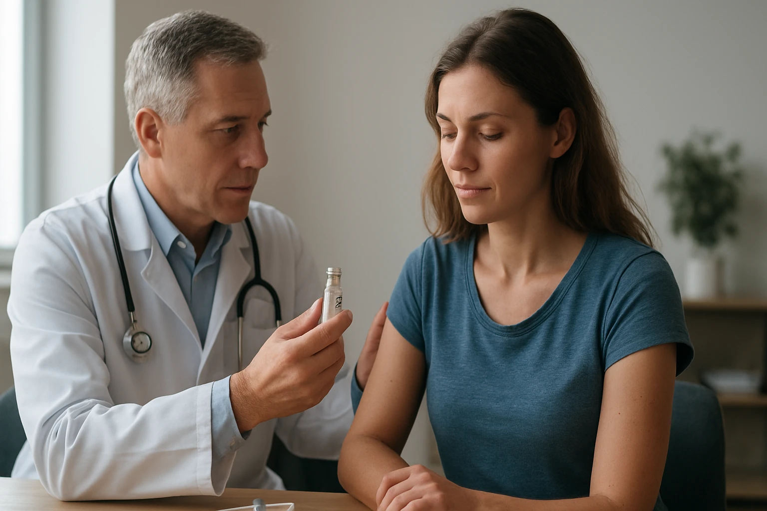 Lekár konzultuje s pacientkou, miközben egy gyógyszert mutat neki.