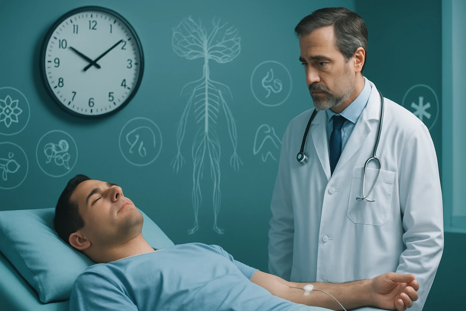 Lekár konzultuje pacienta, ktorý leží na vyšetrovacom stole.