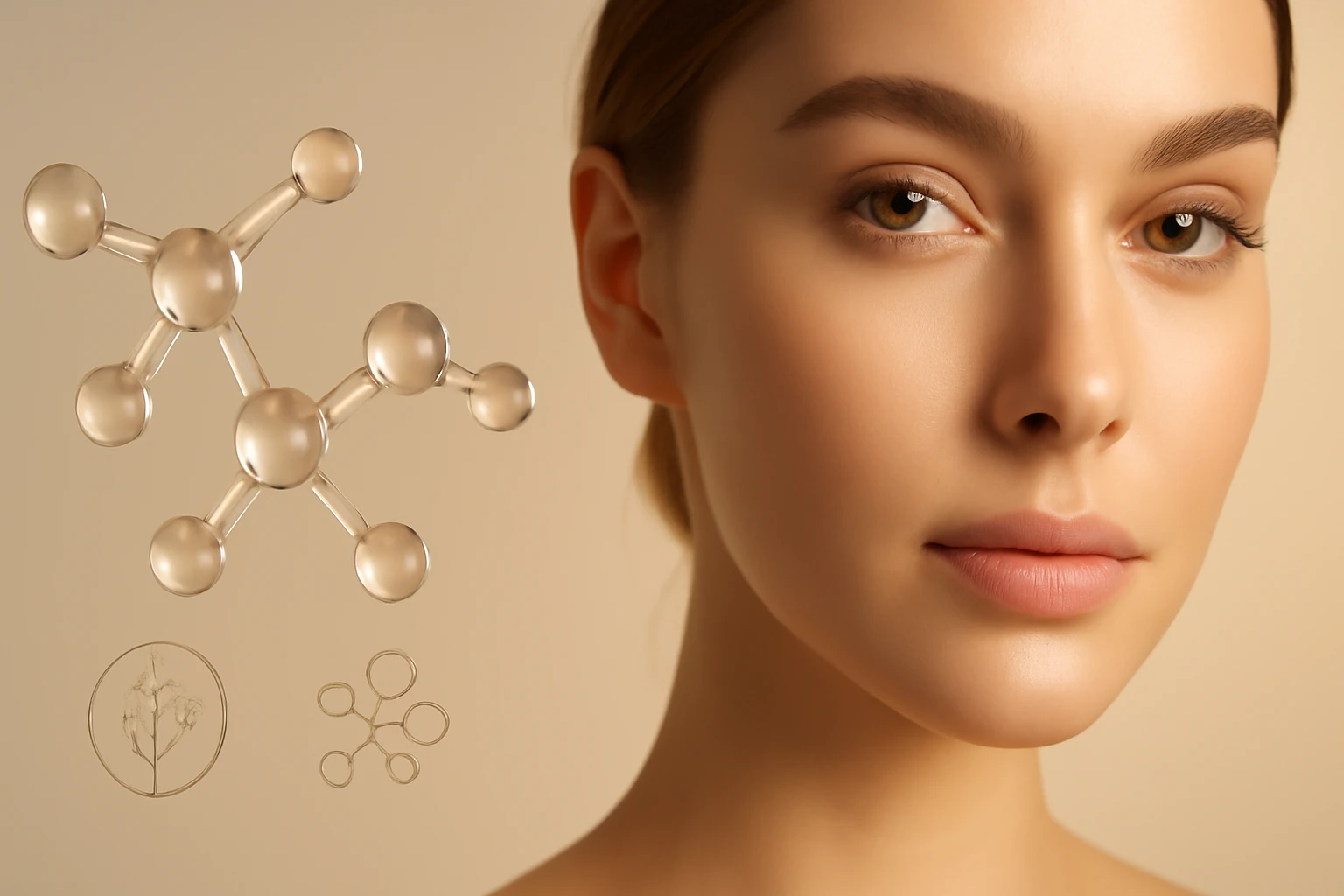 Žena s hladkou pleťou a molekulami v pozadí, symbolizujúcimi krásu.