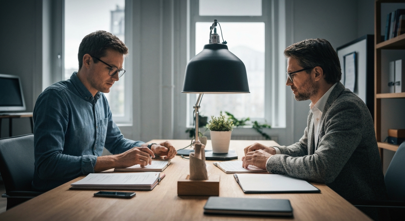 Dva muži ülnek egy asztalnál, jegyzetelnek és beszélgetnek egy világos irodában.