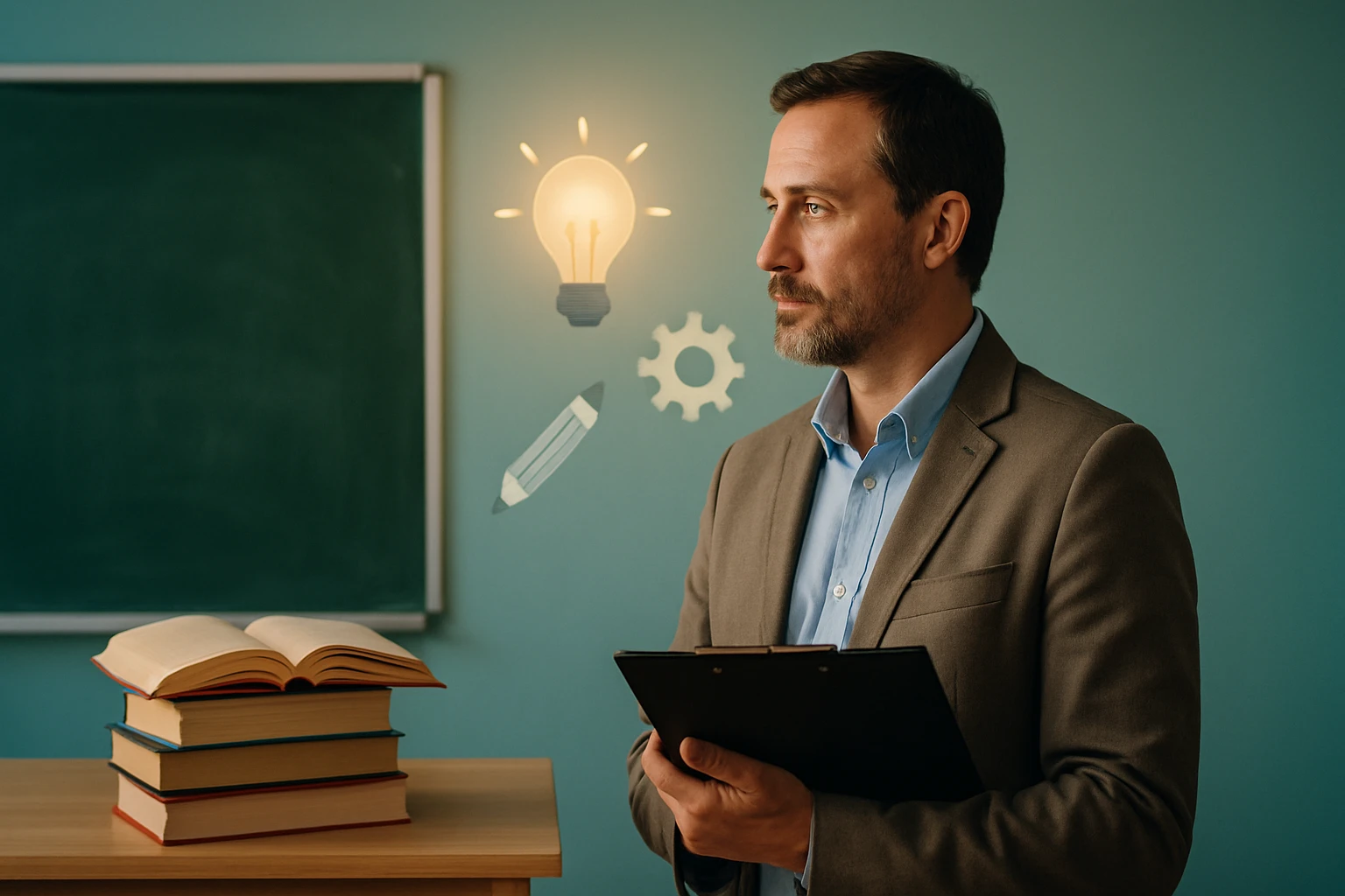 Muž v obleku stojí pred tabuľou s knihami a symbolmi kreativity.