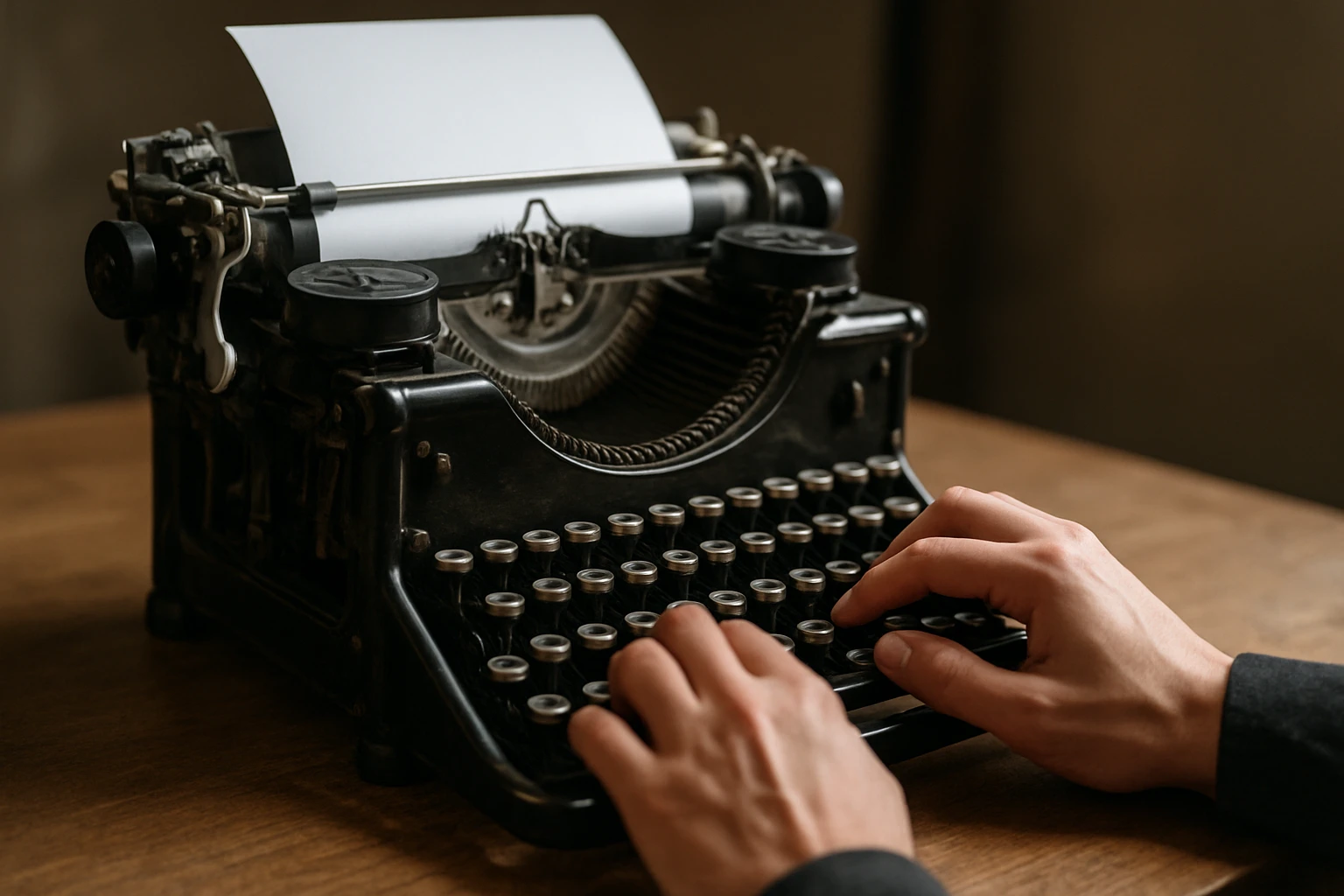 Rukou píšou na starém psacím stroji s bílým papírem.