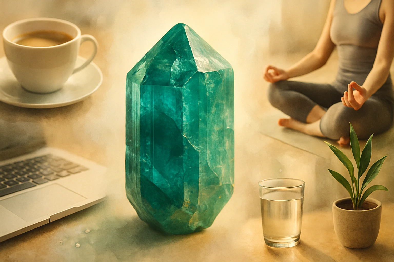 Zelený kryštál na stole vedľa šálky kávy a skla s vodou.