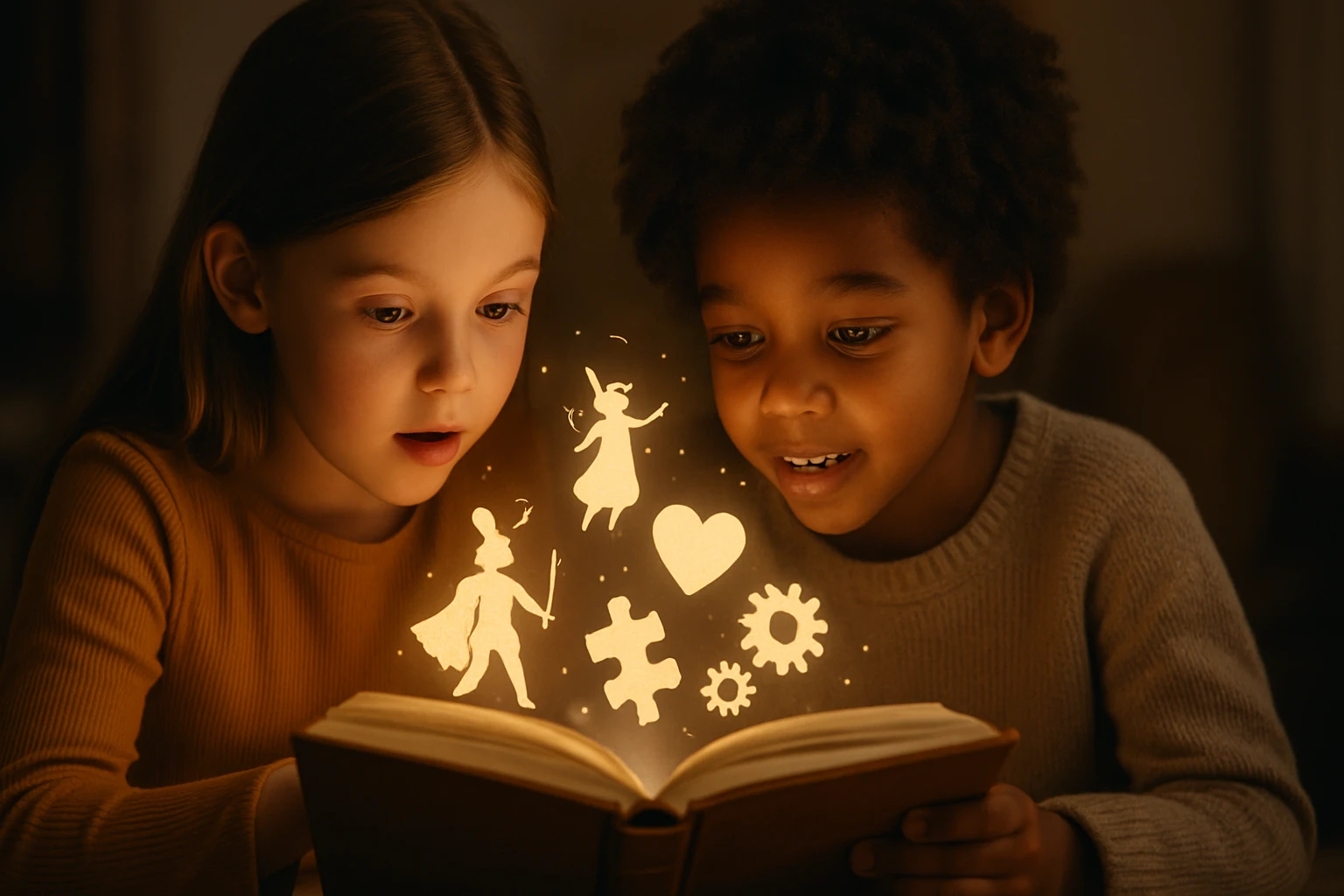 Dve deti, chlapec a dievča, fascinovane sledujú knihu, z ktorej vyžarujú magické symboly.