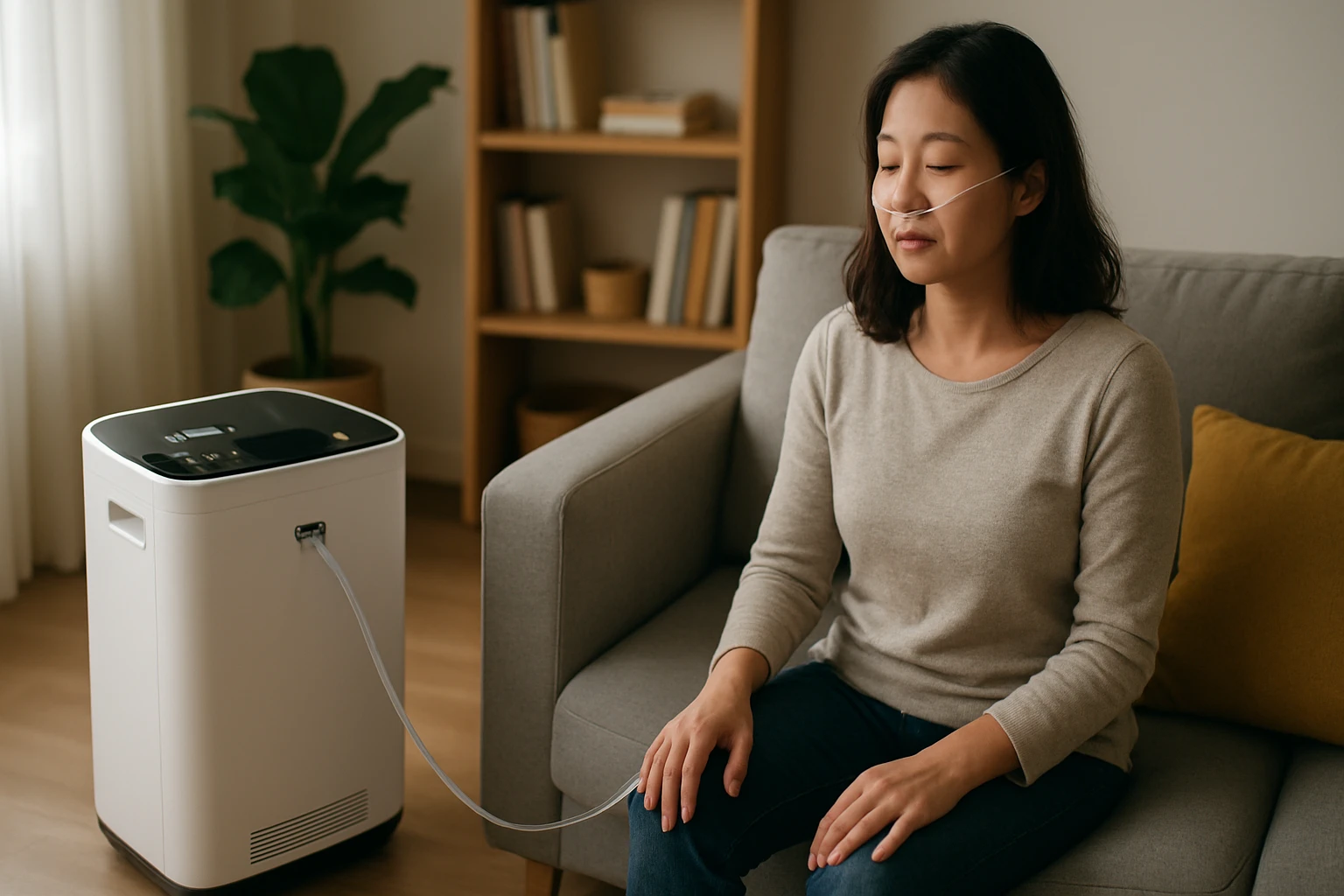 Žena sedí na pohovke a používa prenosný kyslíkový koncentrátor.
