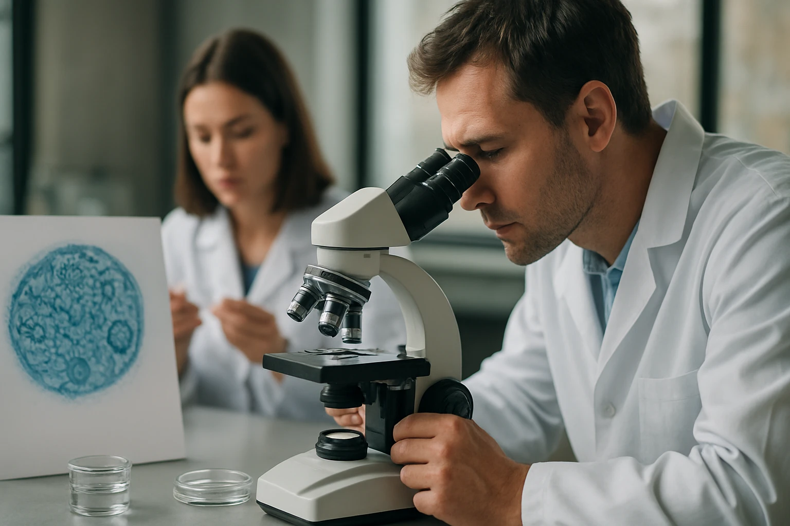 Muž v bielom plášti pozoruje vzorku pod mikroskopom v laboratóriu.