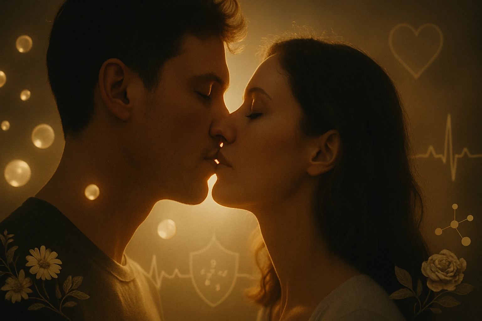 Mladý pár, ktorý sa bozkáva, s jemným osvetlením a abstraktnými prvkami v pozadí.