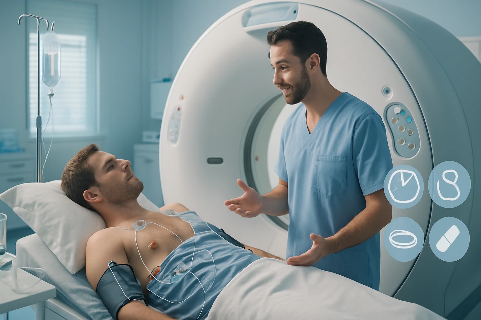 Muž leží na nemocničnom lôžku, zatiaľ čo lekár s ním hovorí pred CT prístrojom.