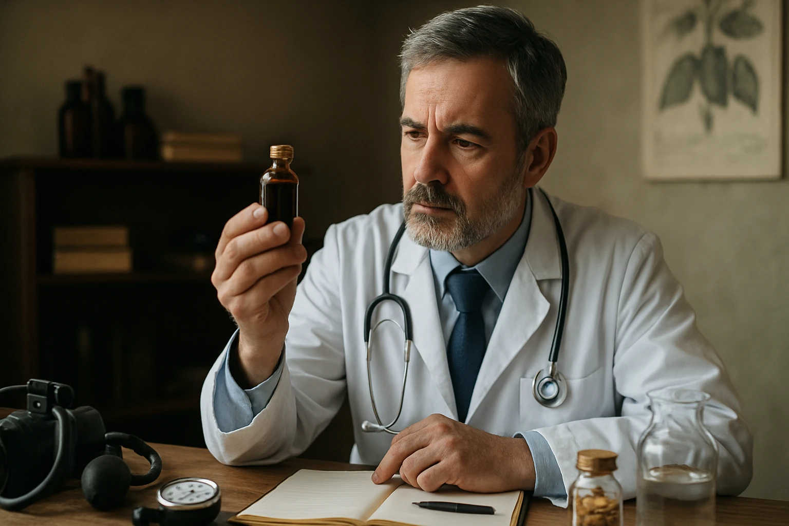 Lekár, ktorý skúma fľaštičku s liekom, sedí za stolom s poznámkovým blokom.