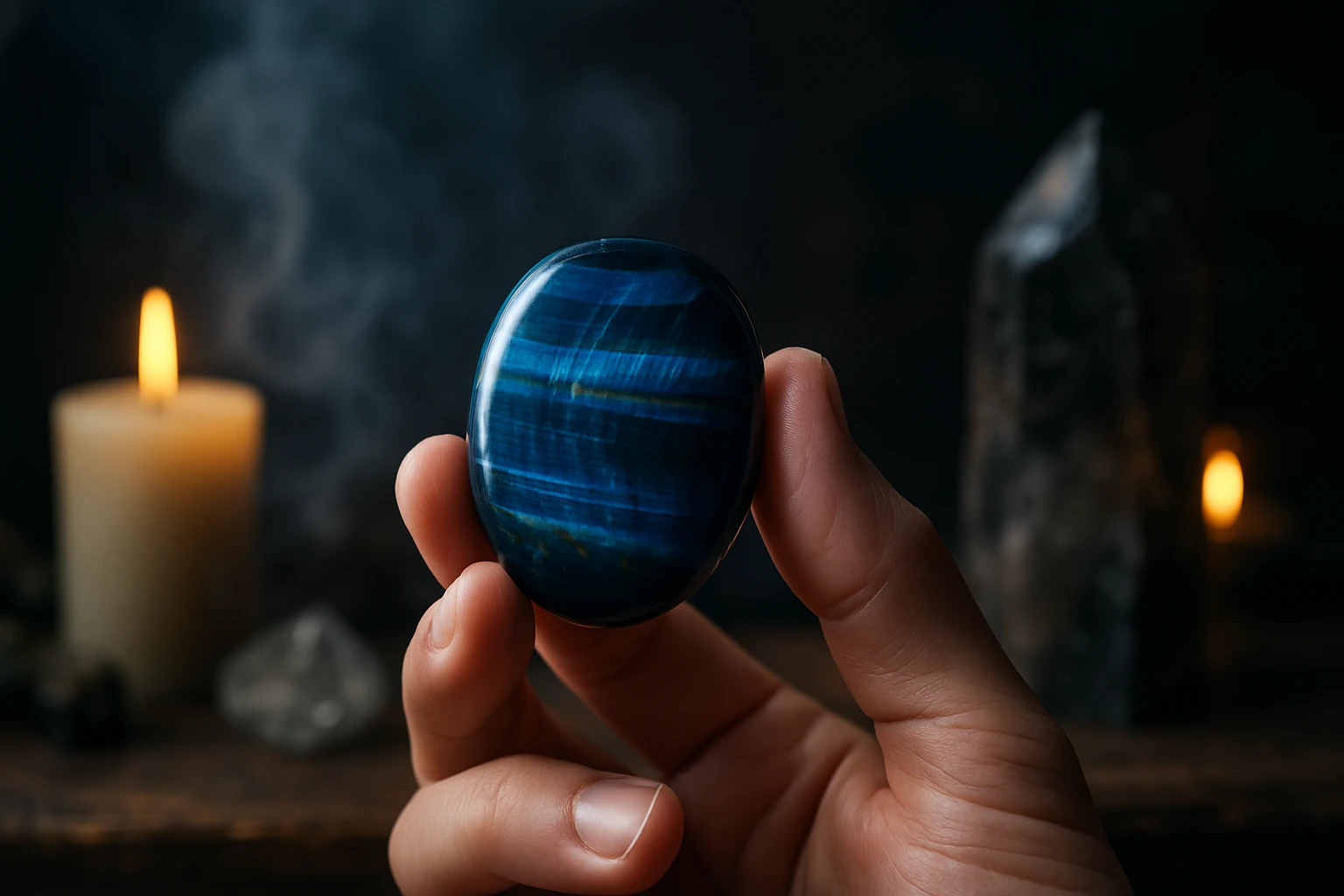 Ruka drží modrý kameň s lesklým povrchom, v pozadí sviečka a kamene.