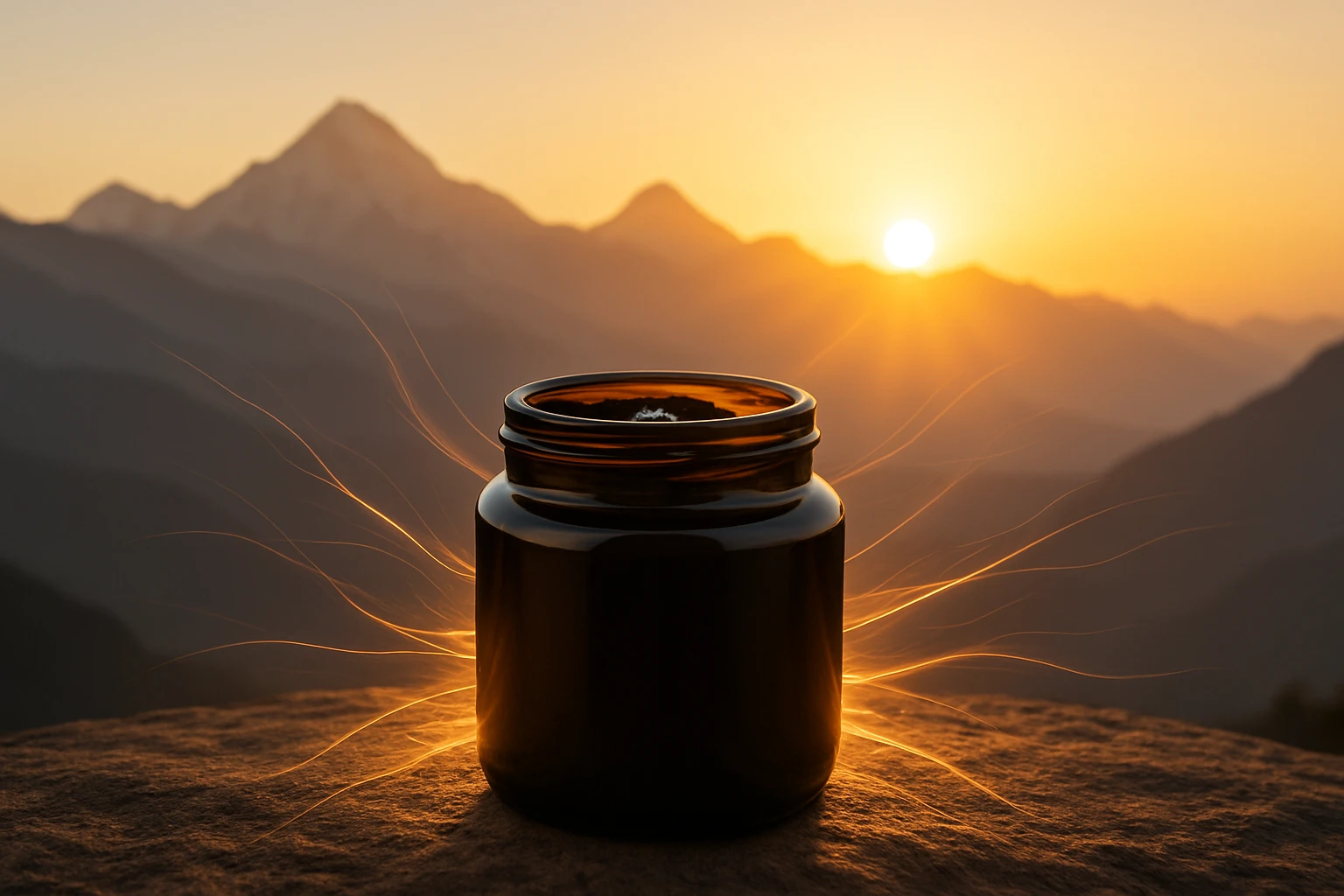 Čierny sklenený pohár s jemným osvetlením na pozadí hôr a západu slnka.