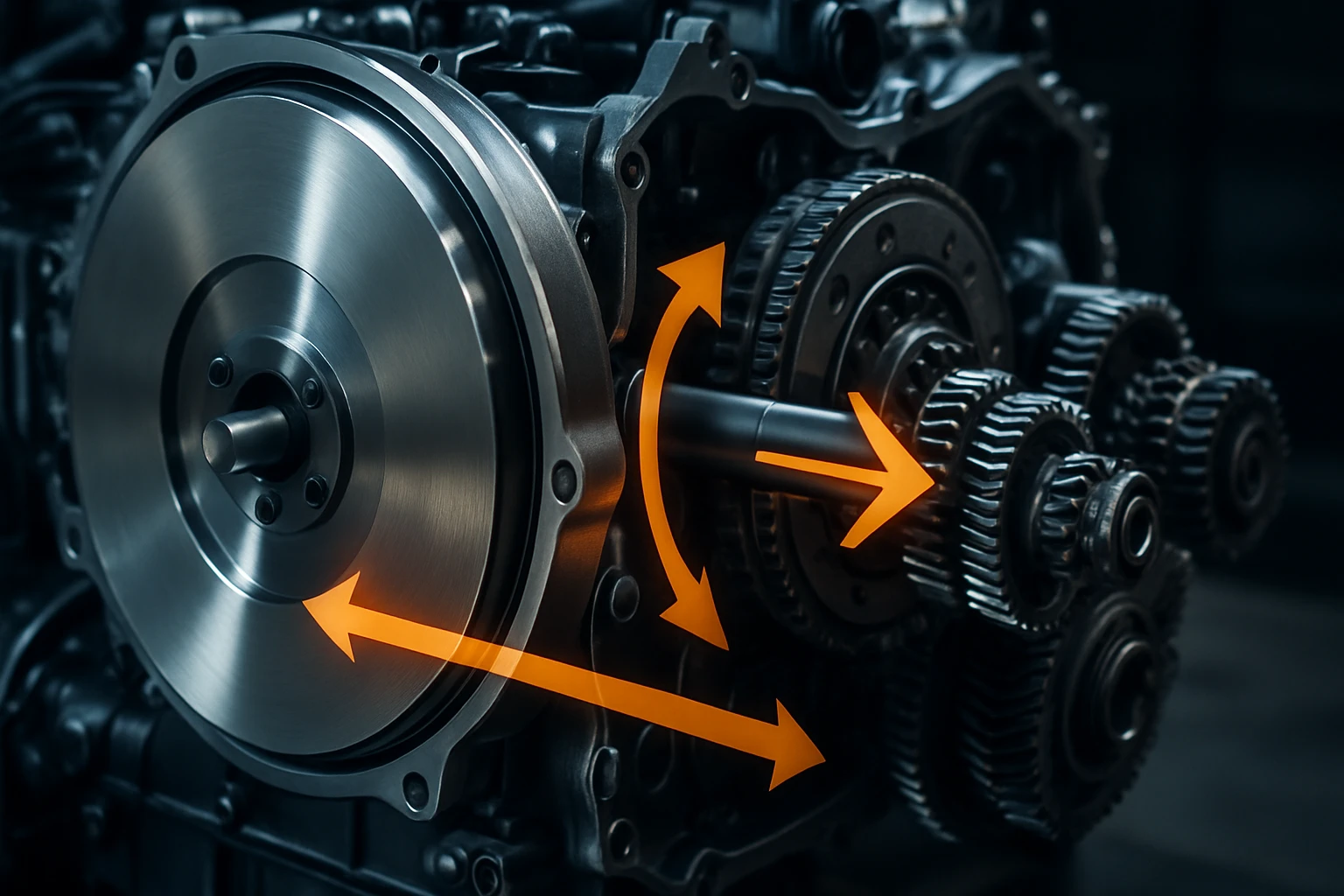 Detail of a mechanical engine showing gears and a flywheel with arrows indicating motion.