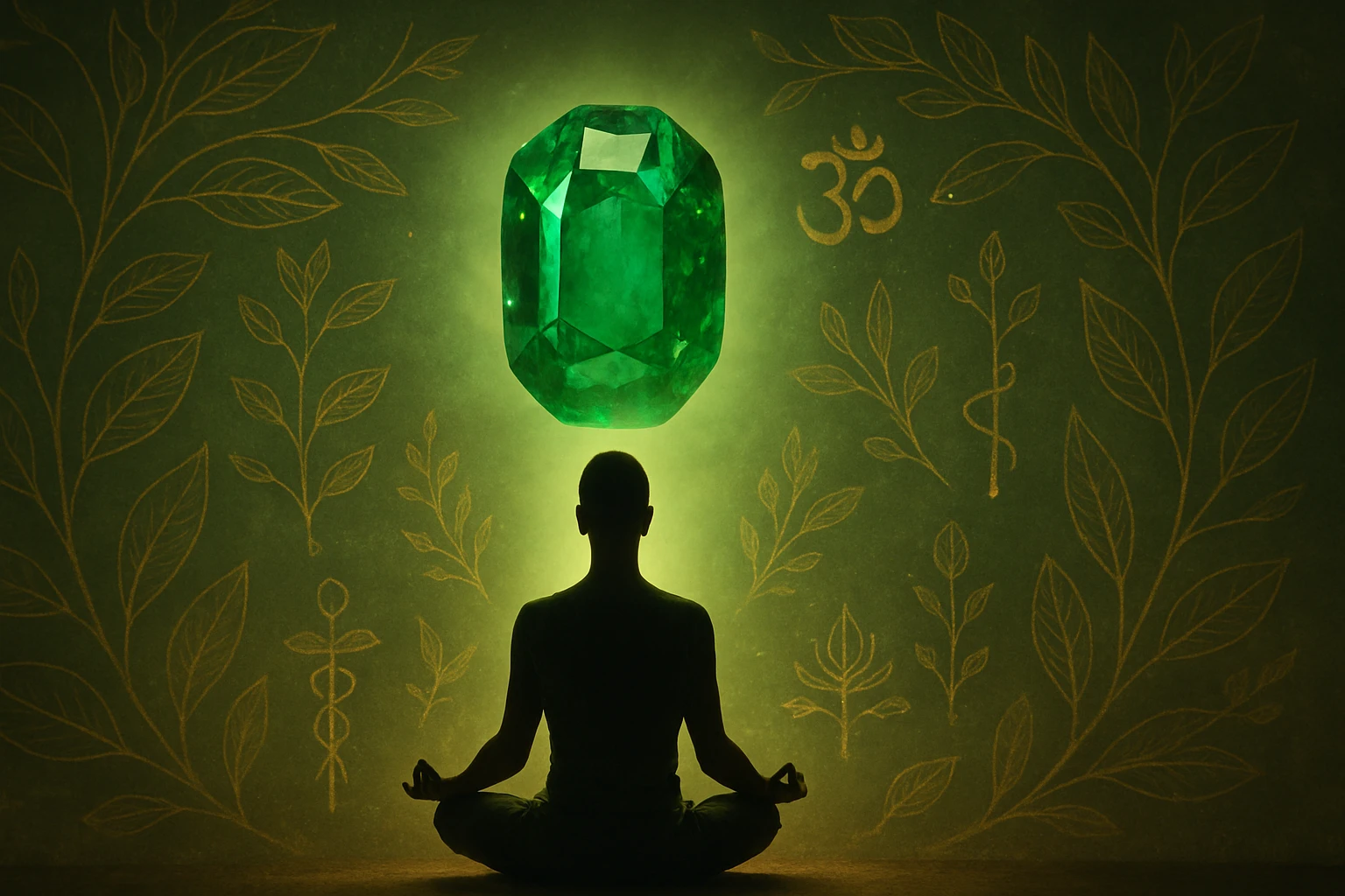 Postava sediaca v lotosovej pozícii pred veľkým zeleným drahokamom.
