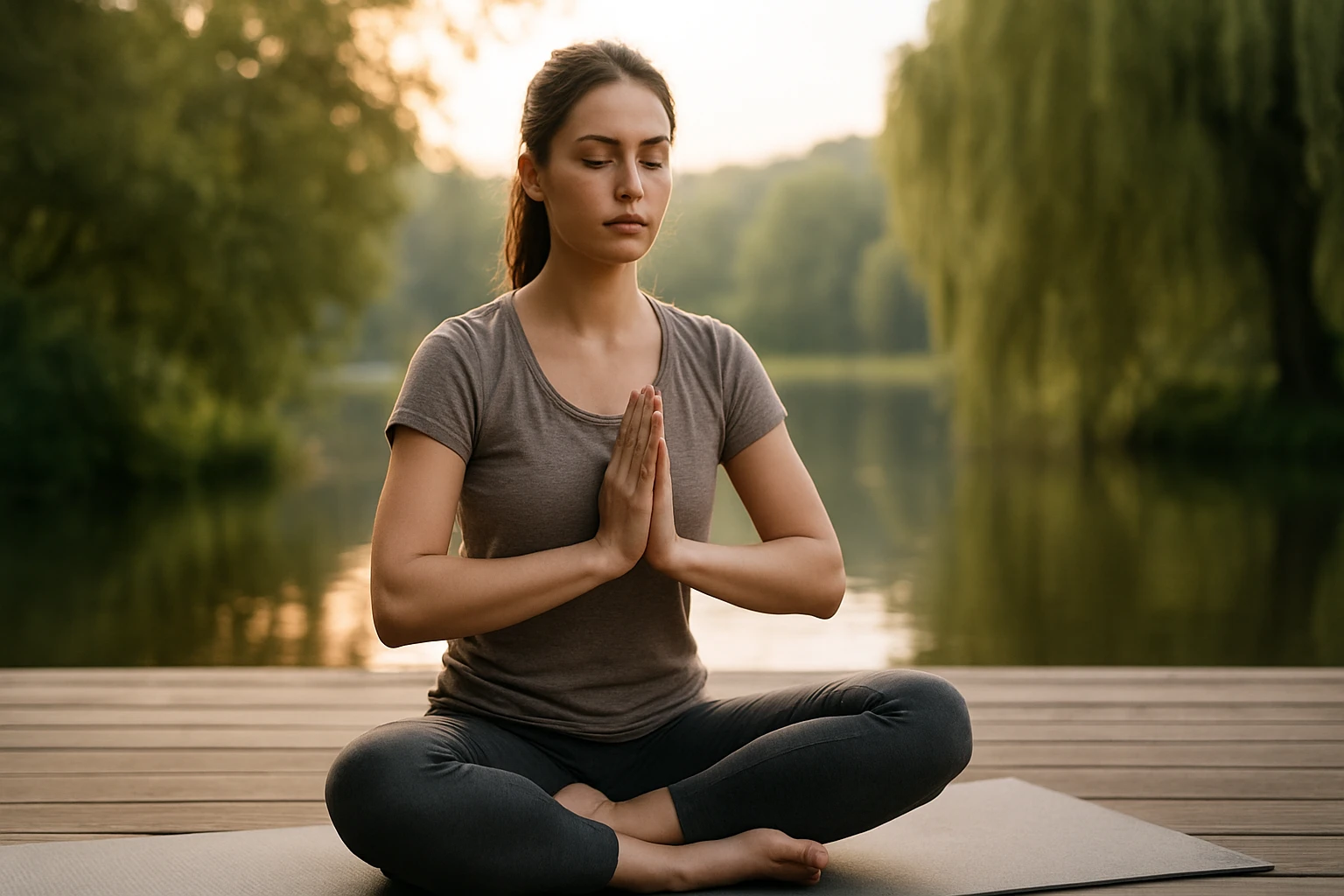 Mladá žena meditujúca na móle pri jazere, s rukami v modlitbe.