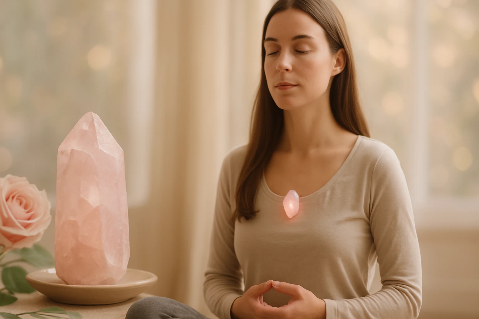 Žena meditujúca s ružovým kryštálom na hrudi a veľkým kryštálom vedľa seba.