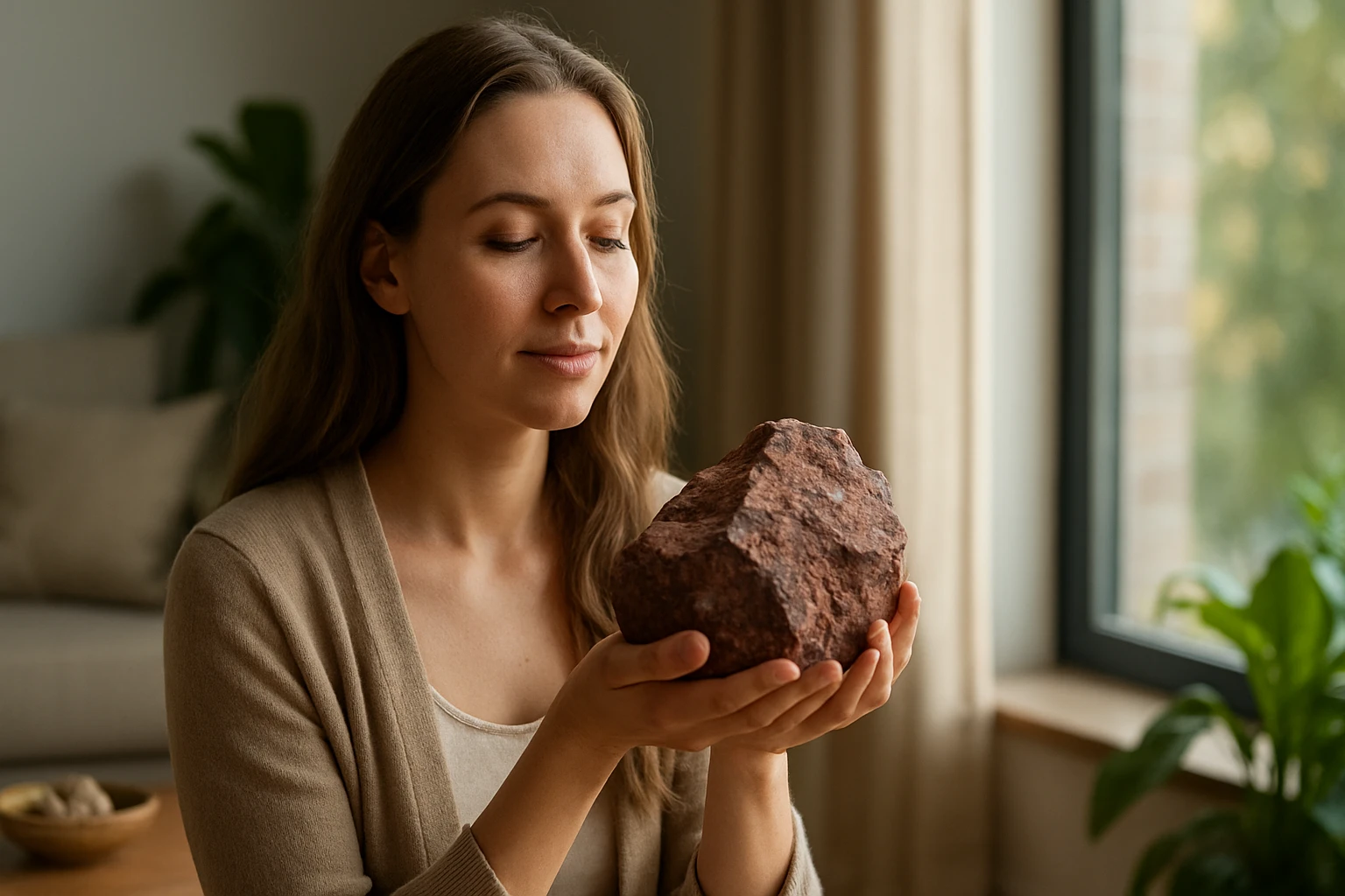 Žena s dlhými vlasmi drží v rukách hnedý kameň, zamyslená.